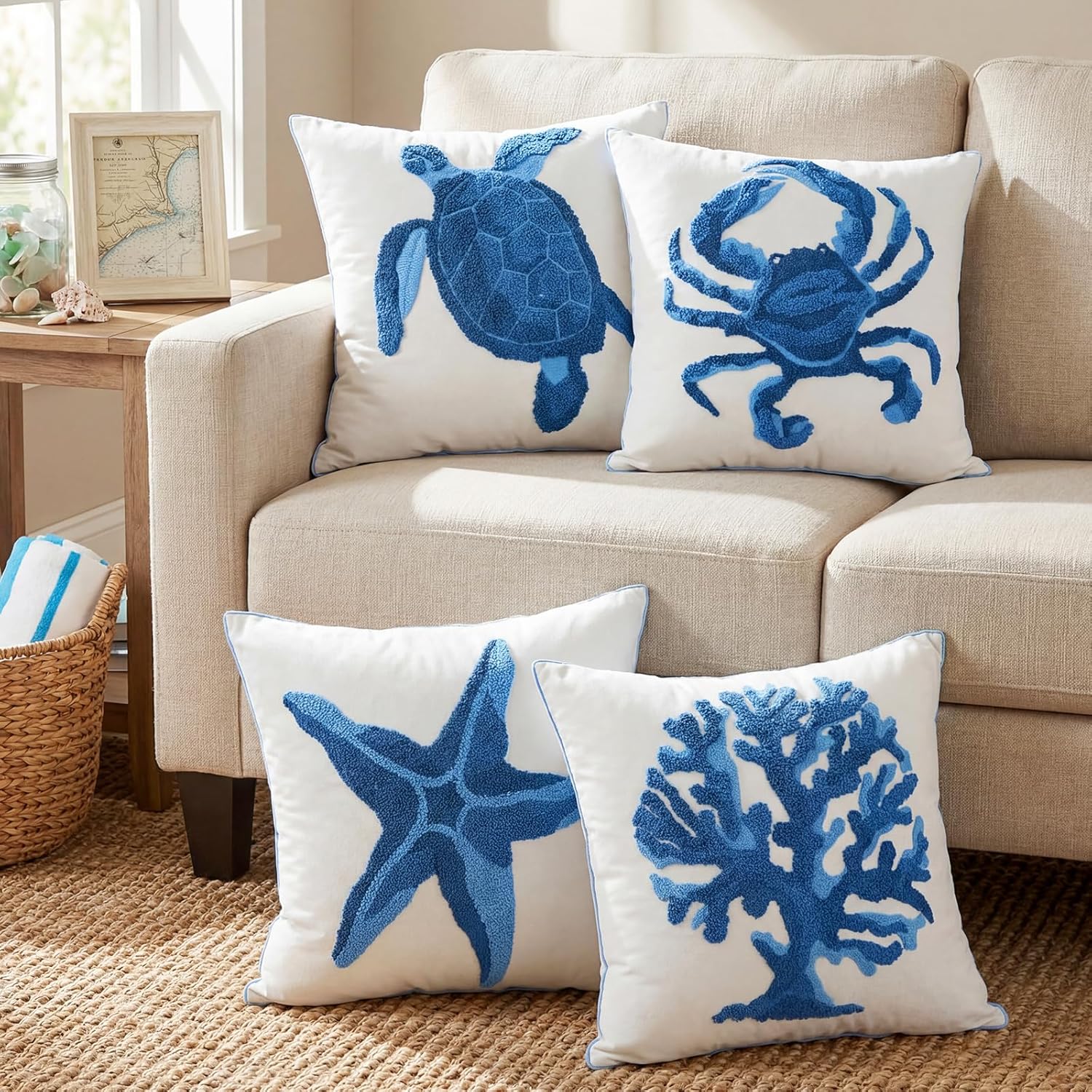Novabright Summer Sea Life Coastal Throw Pillow Covers 18x18 Set of 4 Starfish Turtle Crab Coral Embroidered Summer Beach Ocean Decorative Pillow Cases Cushion Cover for Sofa Couch Bedroom Decor Gift