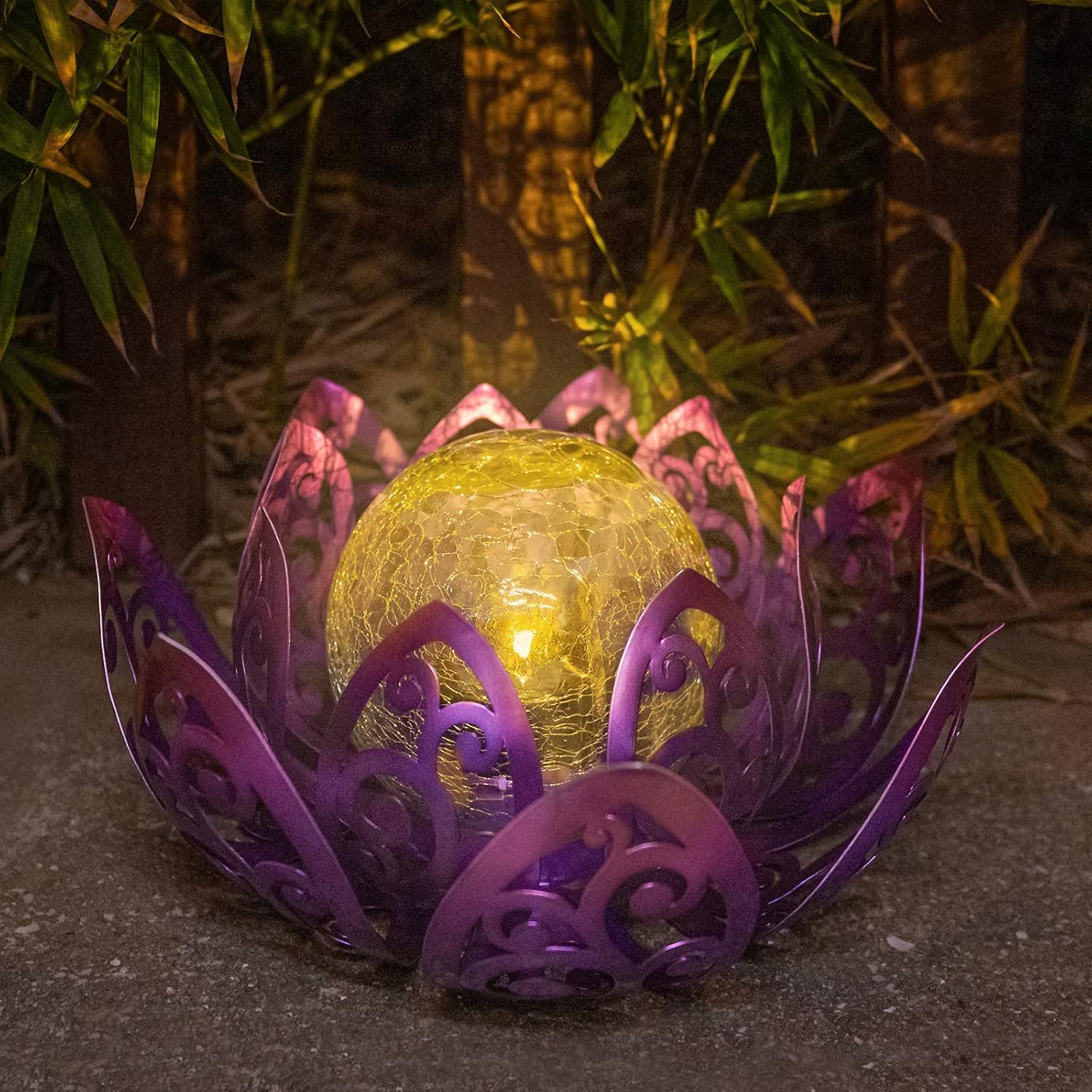 Bshine Solar Outdoor Garden Lotus Decorative Light, Waterproof Metal Cracked Glass Globe LED Lotus Light for Tabletop Decor, Walkway, Lawn Ornaments and Garden, Housewarming Gift (Purple)