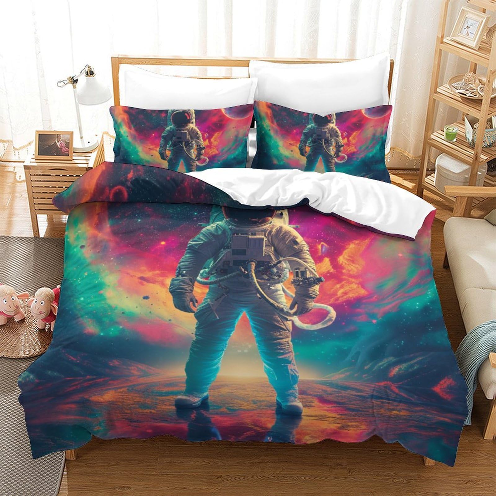 Parure de lit enfant 3 pièces motif astronaute 3D housse de couette double 200x200 cm
