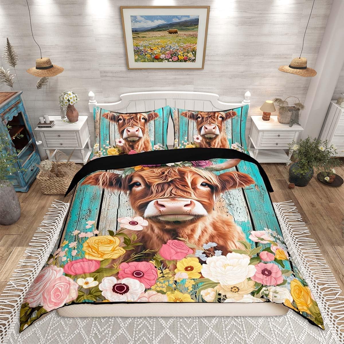 Homemissing Highland Cattle Duvet Cover Set Cot Size For Kids Boys Girls Teens Highland Cow Bedding Set Blossom Flowers Pattern Comforter Cover with 1 Pillowcase โ image 1
