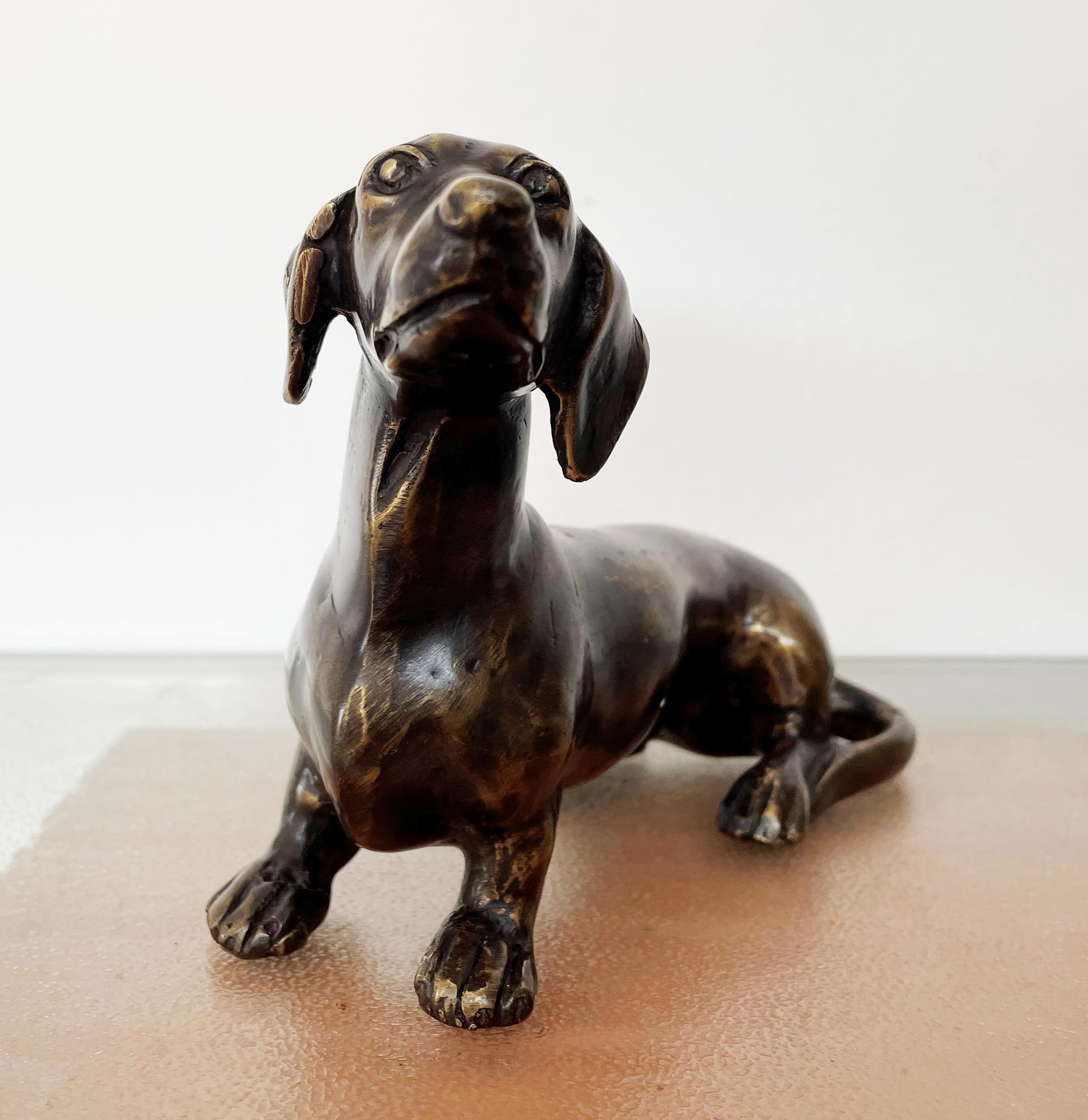STEINFIGURENWELT GIEBEN Bronzefigur Dackel 12x20cm Dekoration aus Bronze Skulptur Tier Figur Deko Geschenk Bronzestatue Kurzhaardackel Wetterfest