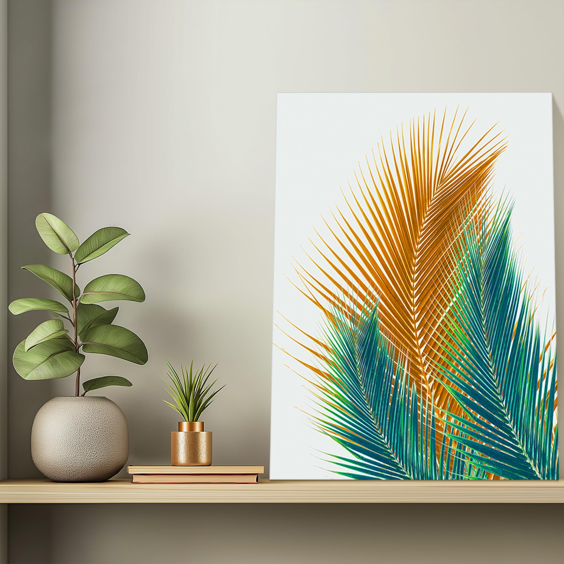 MHARTK66 Modern Natur Bilder Wohnzimmer Blumen gold Gemälde 50x70 cm | goldene und grün als motiv, hd-druck auf leinwand, leicht aufzuhängen, rasch montiert, flexibel nutzbar und geschenkidee