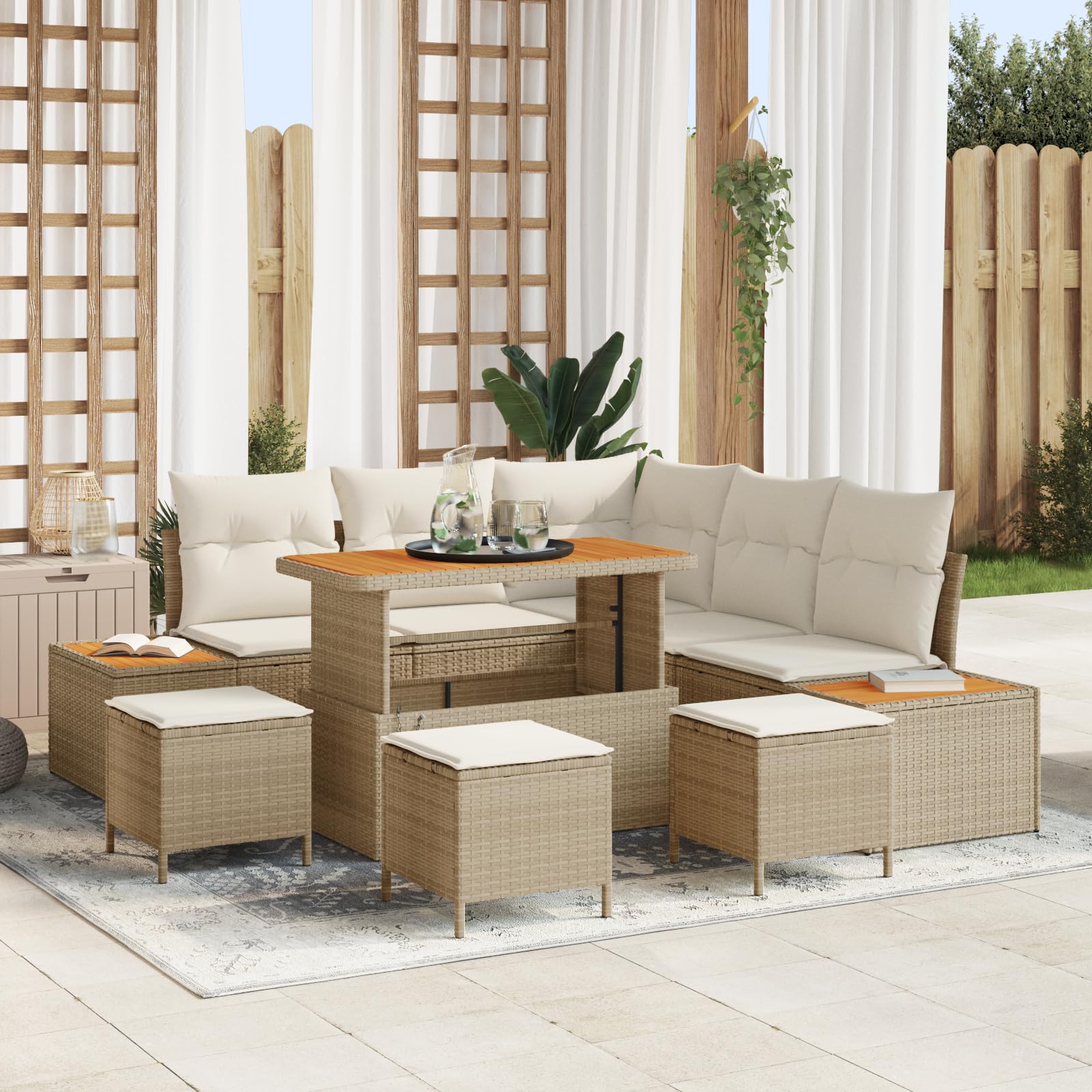Stylowy 5-osobowy zestaw mebli rattanowych do ogrodu i na taras, beżowo-kremowy, meble outdoorowe ze zdejmowaną poduszką