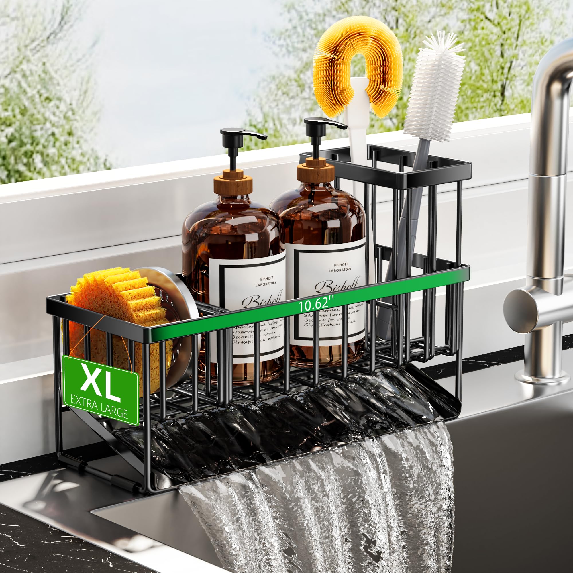 CisilyExtra Large Kitchen Sink Caddy Organzier with High Brush Holder, Sponge Holder for Sink, 304 Rustproof Stainless, Kitchen Countertop Soap Dispenser Organizer For Decor and Accessories