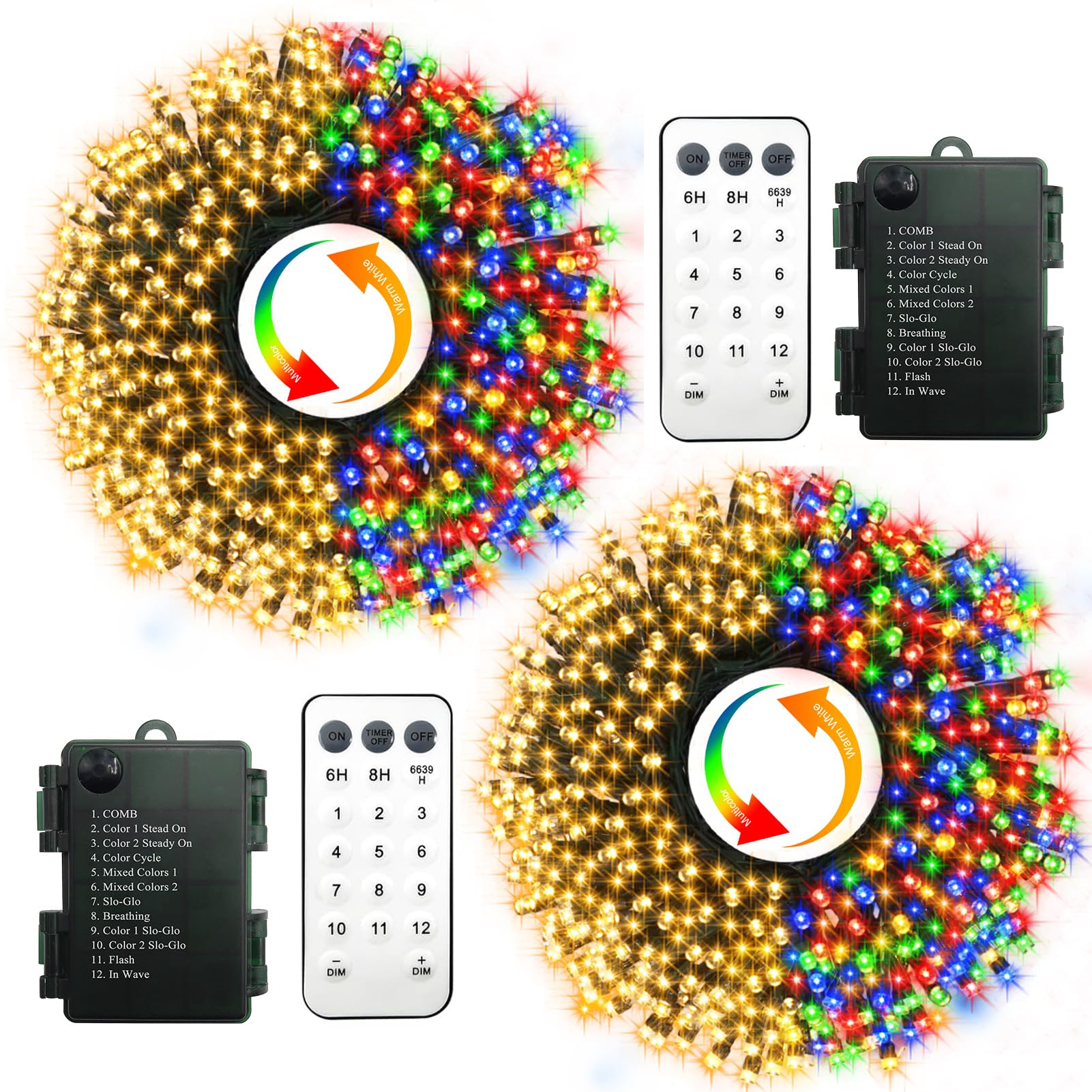 CCILAND 2 Pack Christmas Tree Lights Battery, 2 Colours Changing String Lights with Remote 12 Modes Green Wire Christmas Lights for Bedroom Garden Xmas Tree Decor (Warm White & Multicolour)