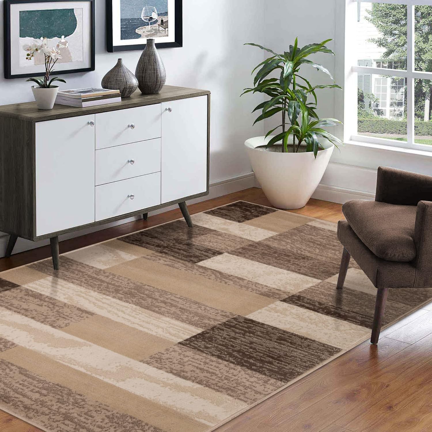 Superior Indoor Area Rug, Jute Backed, Modern Geometric Patchwork Floor Decor for Bedroom, Office, Living Room, Entryway, Hardwood Floors, Rockwood Collection, 4' x 6', Beige Beige 4ft x 6ft