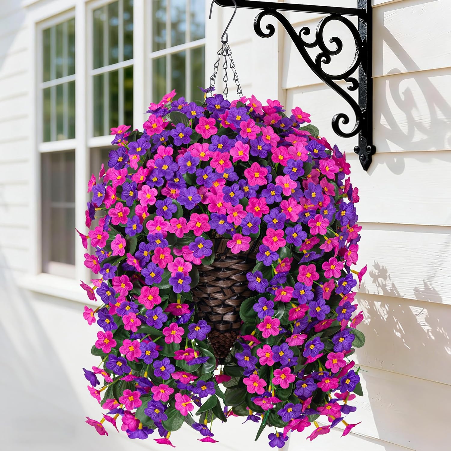 Artificial Fake Hanging Flowers with Basket for Outdoor Decoration,UV Resistant Faux Silk Daisy Flowers Dark Purple and Fuchsia Orchid Vines in Planter Realistic Hanging Baskets for Home Porch Garden