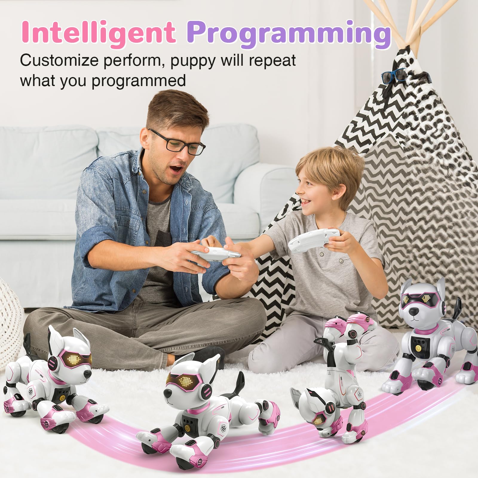 PRANITE Cane Robot per Bambini, Robot Cane Programmabile e Telecomandato, Giocattolo Interattivo Ricaricabile con Controllo Vocale e Gesti, Musica e Danza, Idea Regalo per Bambini e Bambine