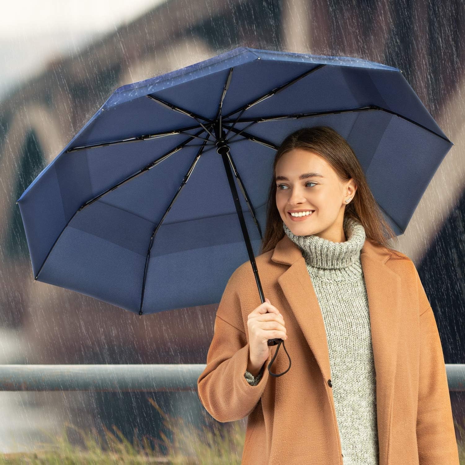 LYDL Travel Umbrella for Rain-Auto Open Close Folding Compact Umbrella for Car, Golf, Backpack and Travel. Automatic Umbrellas for Men Women Kids-UV Coated 3 Fold Umbrellas for Rain (Blue) 2