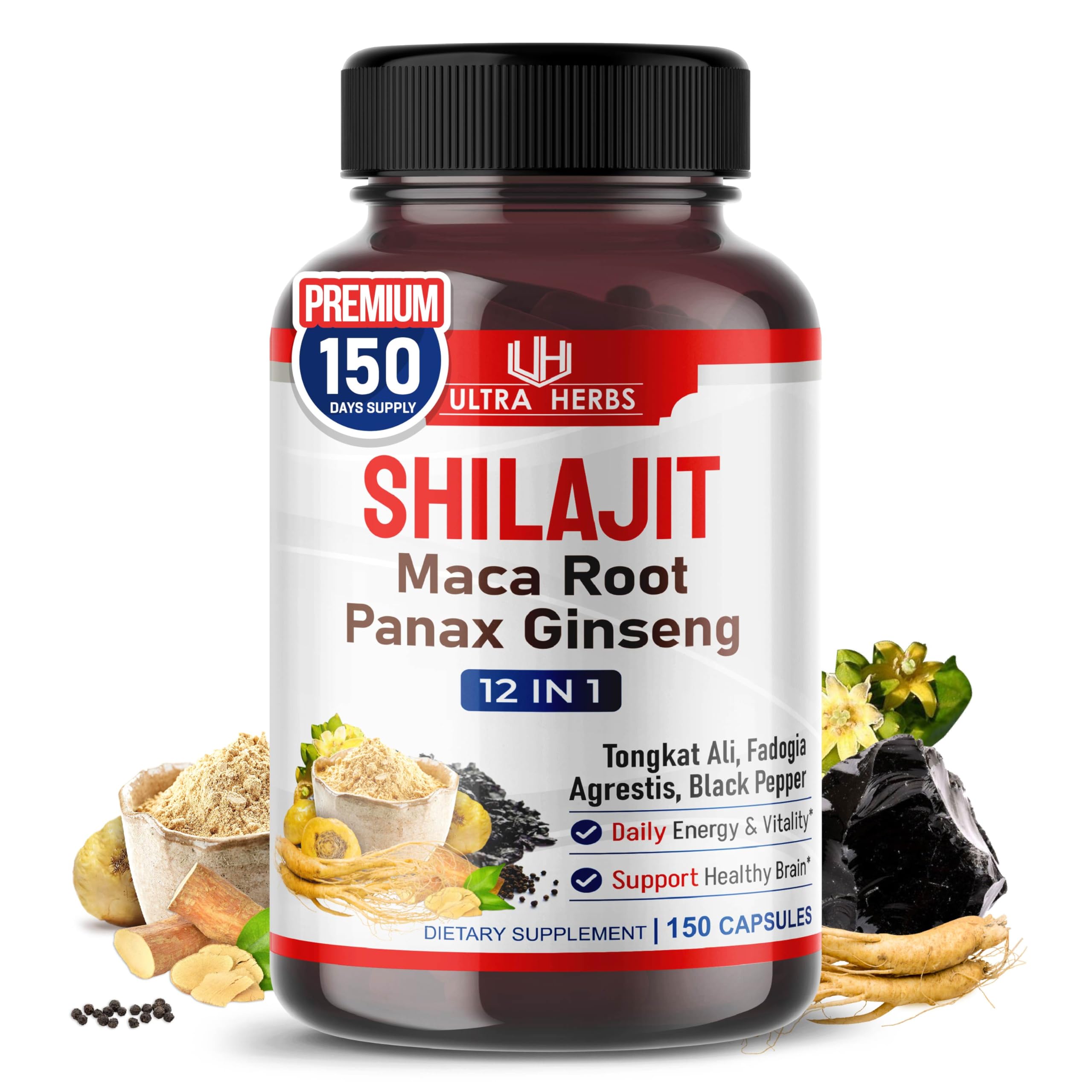 Shilajit Pure Himalayan - Energy Booster 85% Fulvic Acid, Maca Root, Panax Ginseng, Tongkat Ali, Fadogia Agrestis - Metabolism & Immunity Support - 150 Capsules