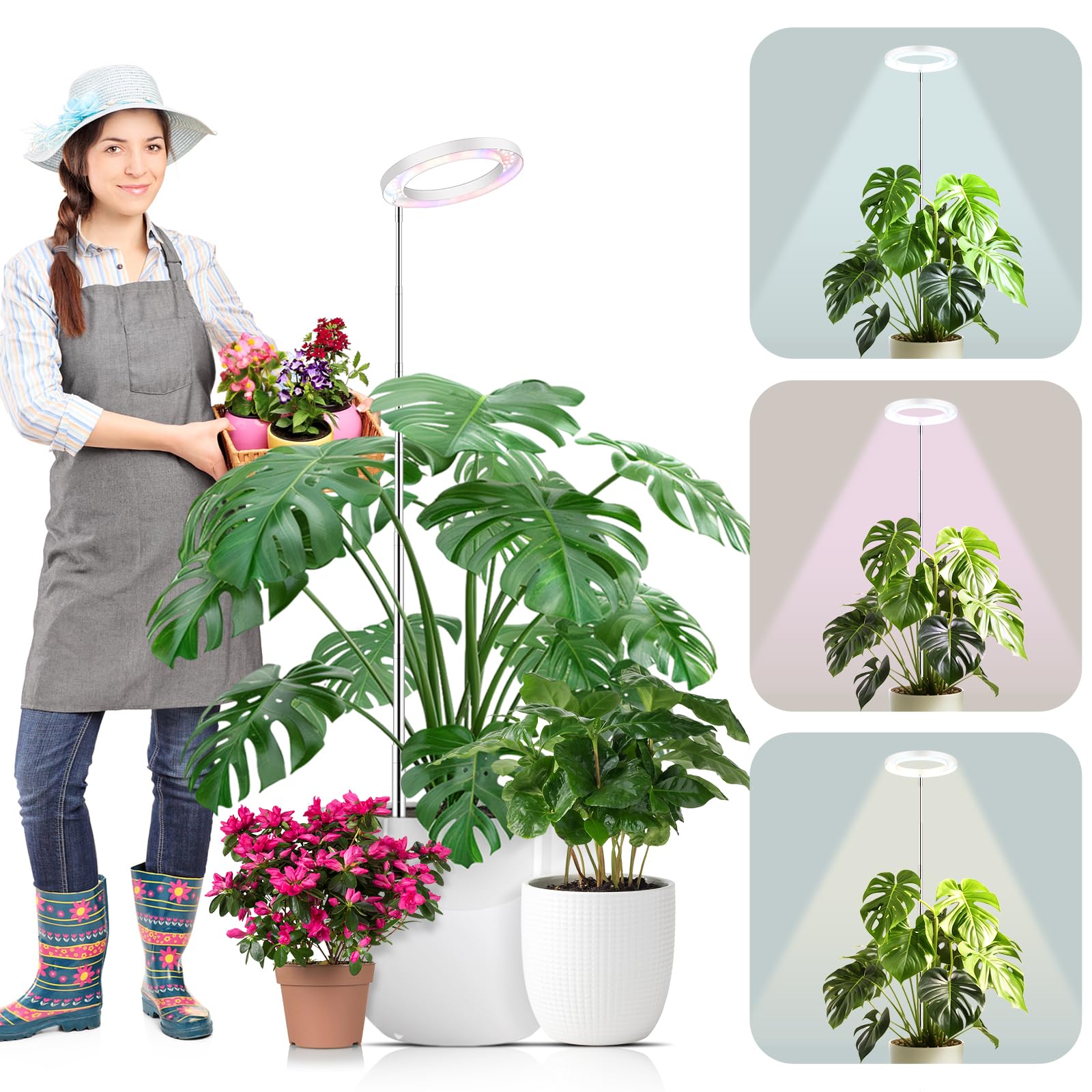 Euakee Lámpara de Planta, 70 LEDs Luces de Crecimiento de Espectro Completo, 30-155cm Ajustable en Altura, con Temporizador 3/9/12H, 10 Brillos, 3 Modos, para Plantas de Interior (Blanco)