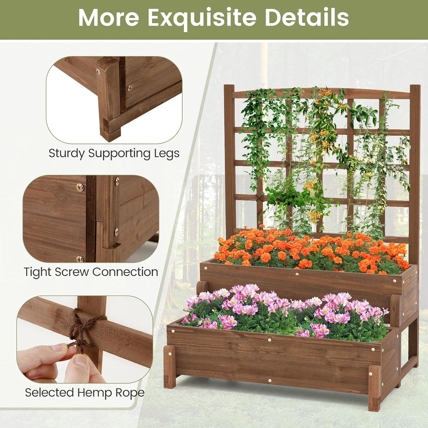 Close-up details of the Toolsempire Raised Garden Bed assembly, showing sturdy supporting legs, tight screw connections, and how to use the hemp rope for added stability.