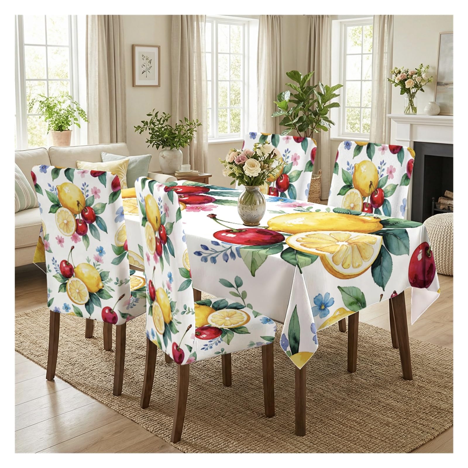BOSUYBN Watercolor Lemon Cherry Tiny Wildflower Printed Dining Tablecloth & Chair Covers Set, 5/7 Piece Bright Summer Fruit Cottage Dining Decor Table Setting(5pcs Set: Tablecloth+Chair Covers)