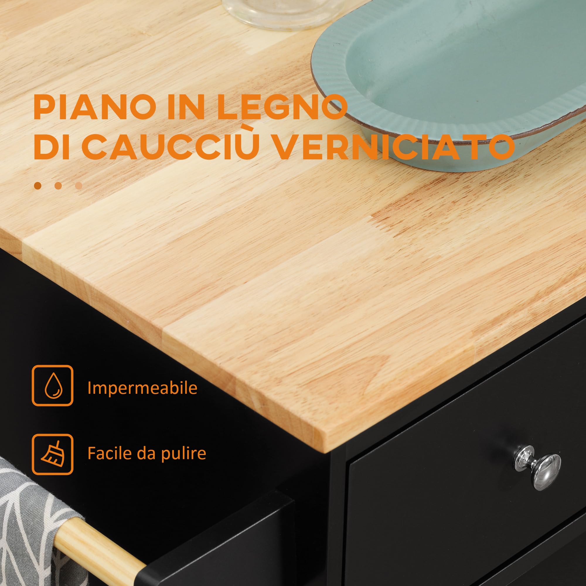 HOMCOM Carrello da Cucina con Armadietto, 2 Cassetti e Portaspezie a 3 Ripiani, Isola da Cucina Portavivande con Scaffale Regolabile, Porta Asciugamani e 4 Ruote con 2 Freni, 89x45x89.5 cm, Nero