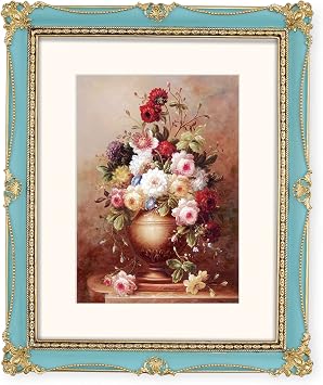Vintage 8x10 Picture Frame Matted to 5x7, Gallery Wall and Tabletop Photo Frames in Hand Painted Blue with Gold Accents, French Cottage Style Home Decor for Living Rooms Entryways