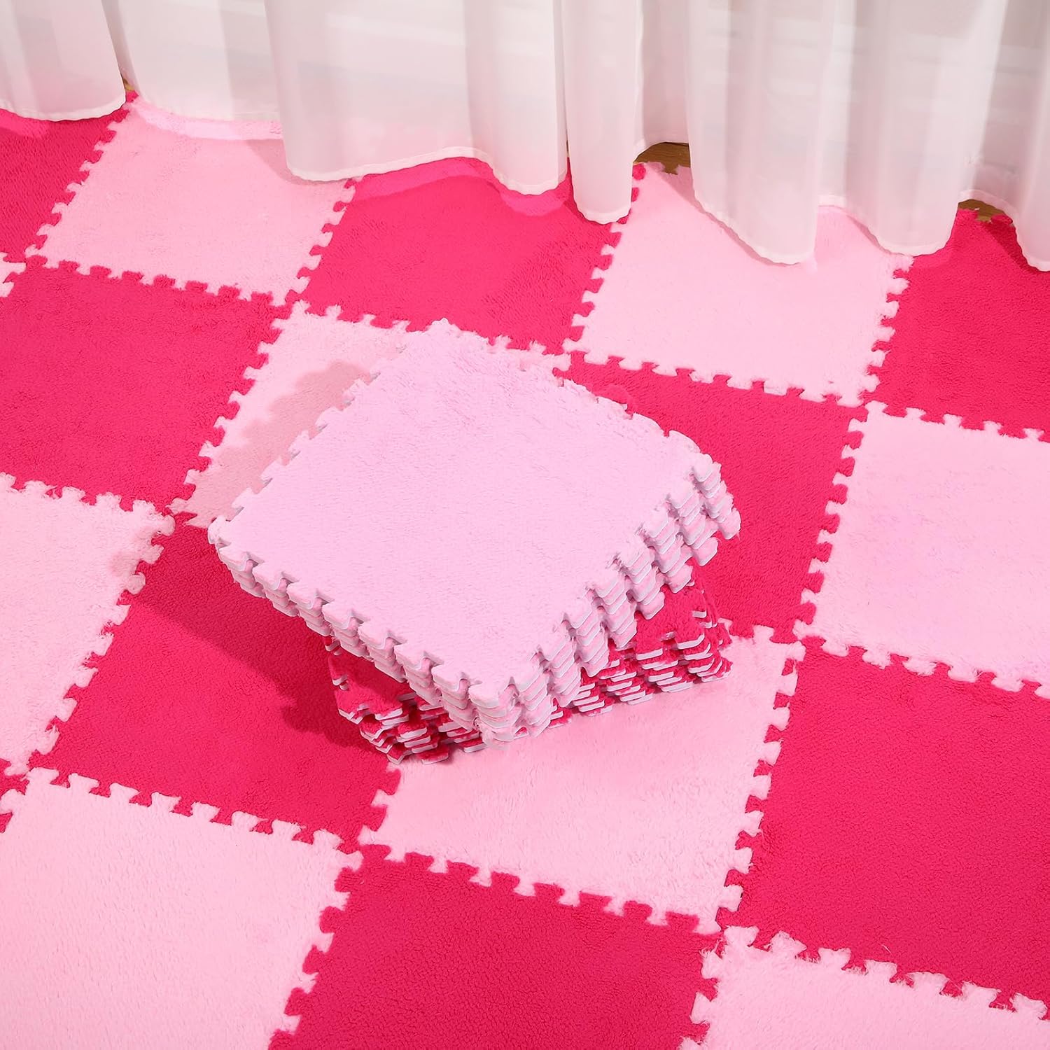 Ceenna 60 Pieces Plush Puzzle Foam Floor Mat Square Interlocking Carpet Tiles with Fluffy Play Mat Floor Tiles Soft Climbing Area Rugs for Living Room Floor Gym Area(Pink, Rose Red)