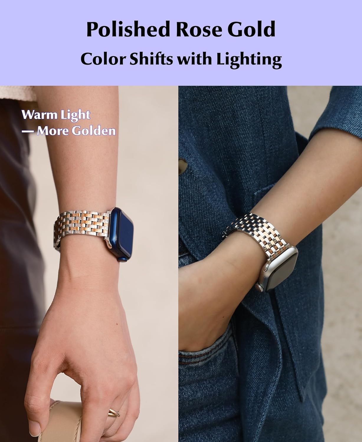 Seven-link Watch Band for Apple Watch Series 11, 10, 9, 8, 7, 6, 5, 4, 3, 2, 1 and SE 3/2/1 for Women, Dressy Stainless Steel Metal Band for Apple Watch 40mm 41mm 42mm 38mm 44mm 45mm 46mm for iWatch - Image 5