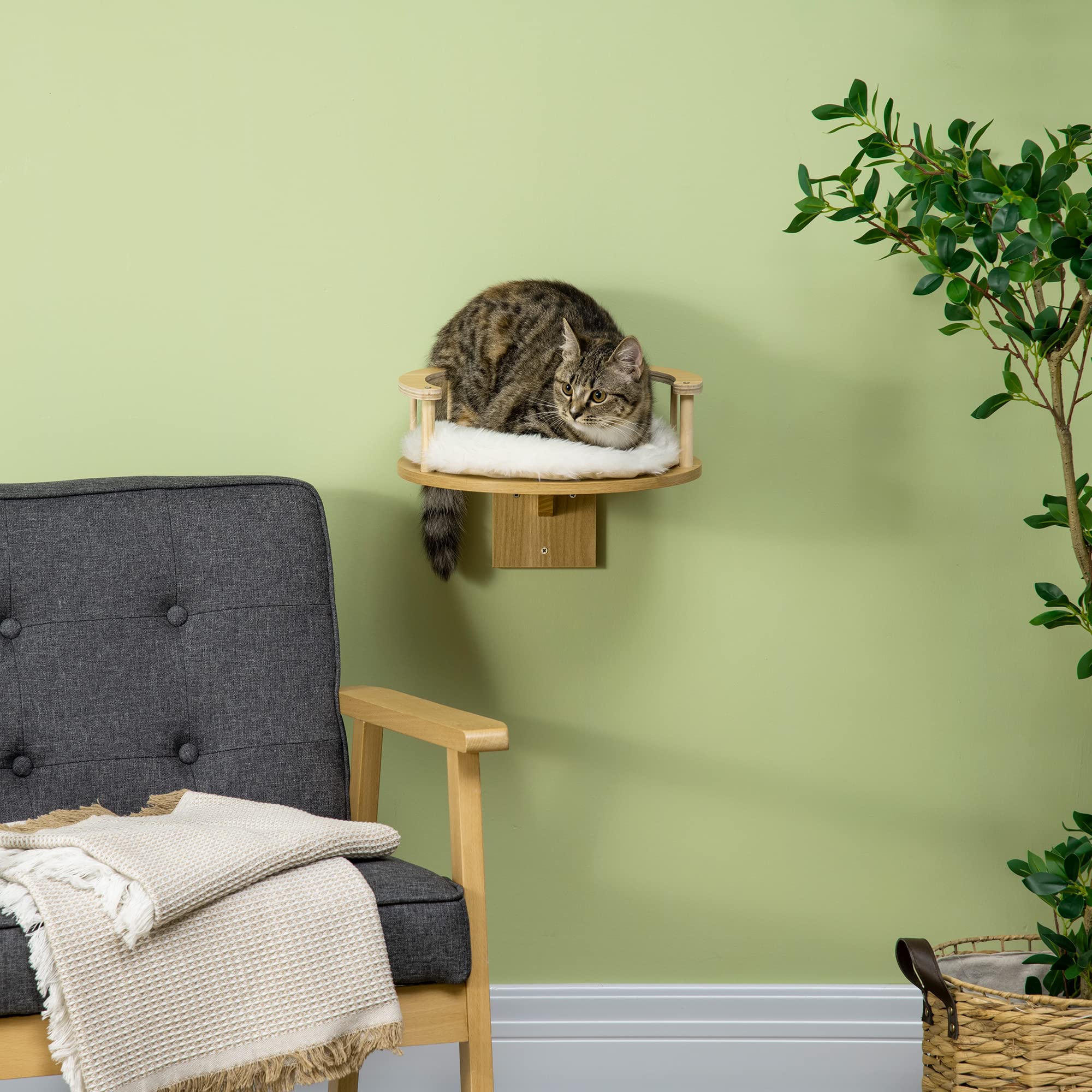 Parete di arrampicata per gatti PawHut, lettino per gatti da parete, letto per gatti da montare a parete, amaca per gatti, piattaforma per gatti con cuscino, mobili per gatti, rovere+bianco crema, Ø34