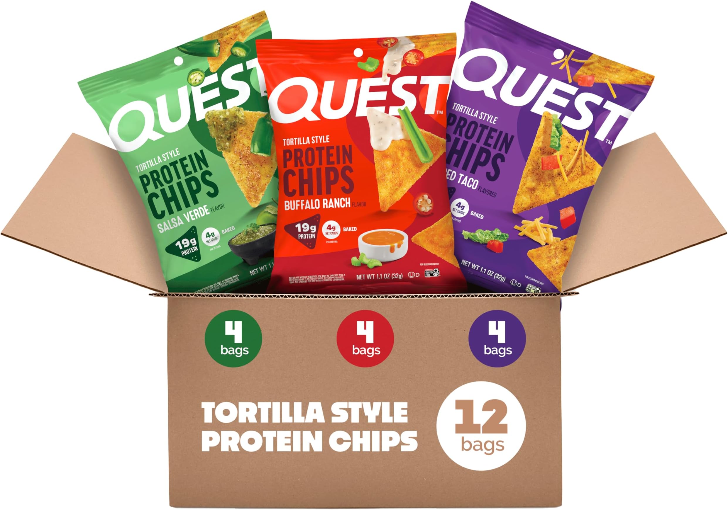 Quest Nutrition Game Day Tortilla Style Protein Chips Variety Pack, Buffalo Ranch x4, Salsa Verde x4, Loaded Taco x4, 1.1 oz (Pack of 12)