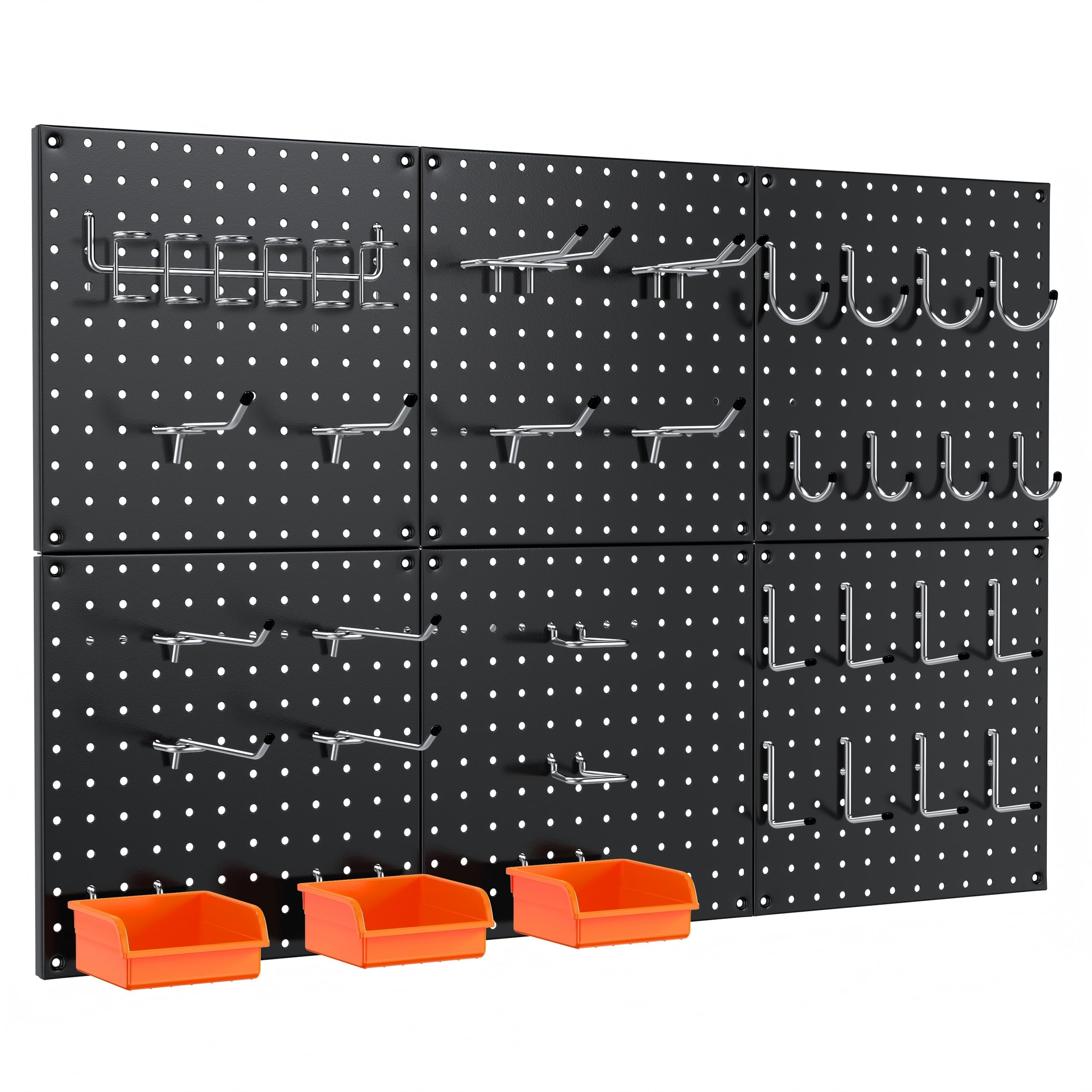 Hivio Peg Board, Total 24” x 36”, 70PCS Heavy Duty Metal Pegboard with Hooks, 6 Pack Black Peg Board Panels, 50lbs Load Capacity Each, Pegboard Wall Organizer for Garage, Workshop, Craft Rooms