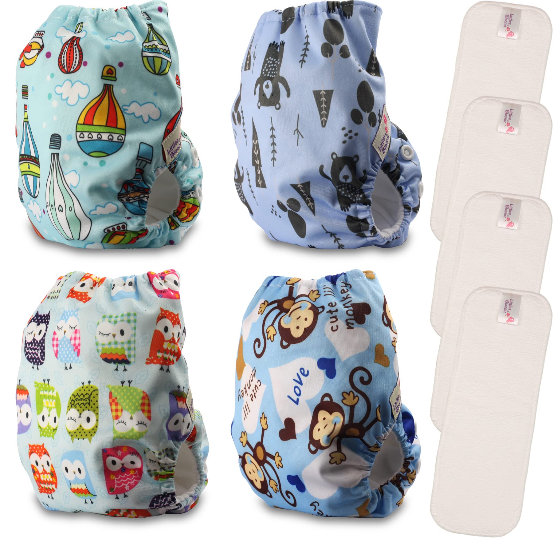 Littles & Bloomz Pocket Wiederverwendbare Windeln, Babywindel für Neugeborene & Frühchen, 4 Windeln, 4 Mikrofaser-Einsätze, NB-401MF4