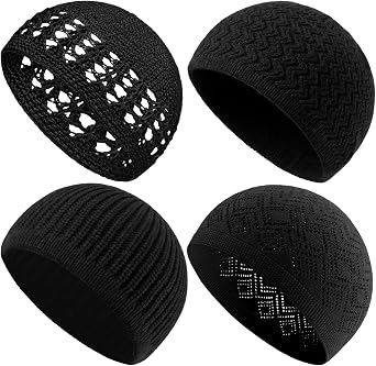 Twistover 4 Pcs Knit Kufi Hat for Men Muslim Hats Stretchy Crochet Cap Breathable Skull Beanie Caps for Men Women Teens