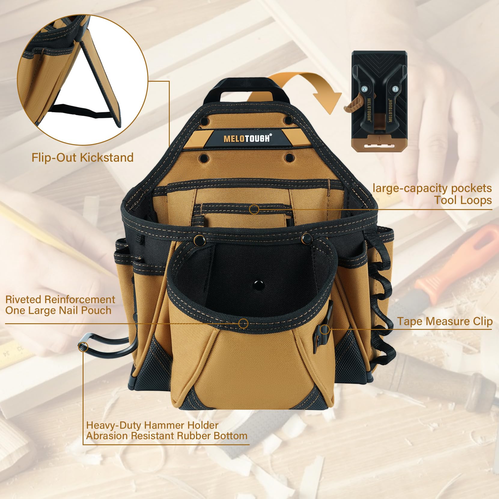 MELOTOUGH Borse da cintura per attrezzi da elettricista con clip da cintura Utility Tool Belt Organizer Pouch con cavalletto posteriore Hammer Holder