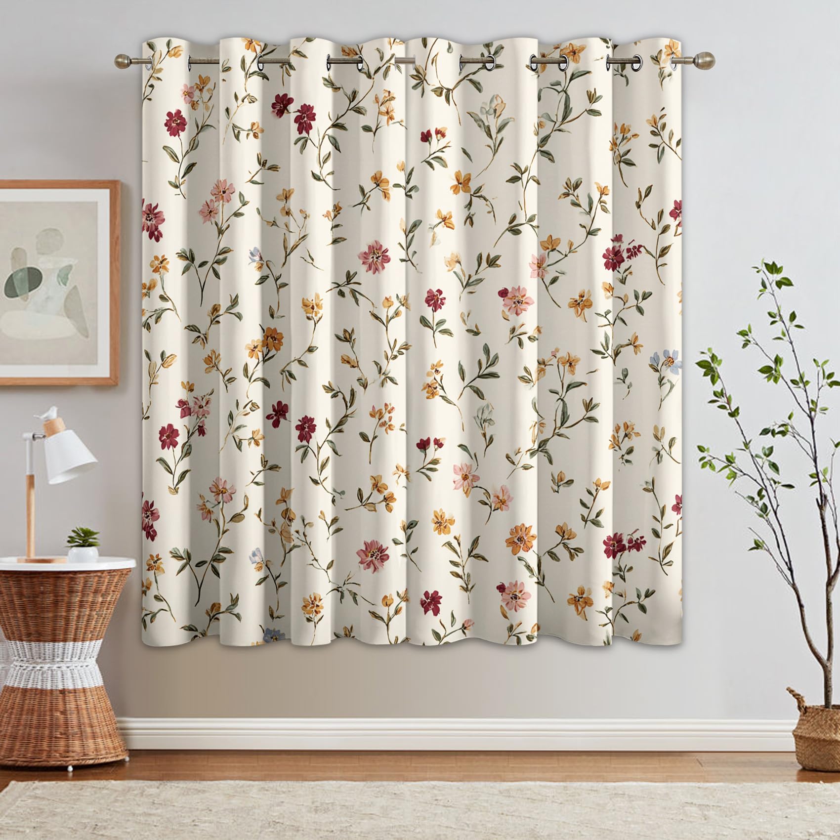 Generisch Vorhänge Schlafzimmer Blumen Landhausstil Motiv, Rustikal Floral Blickdichte Gardinen Wohnzimmer Deko, 2er Set H 220 x B 140, Thermo Verdunklungsvorhänge mit Ösen YD25