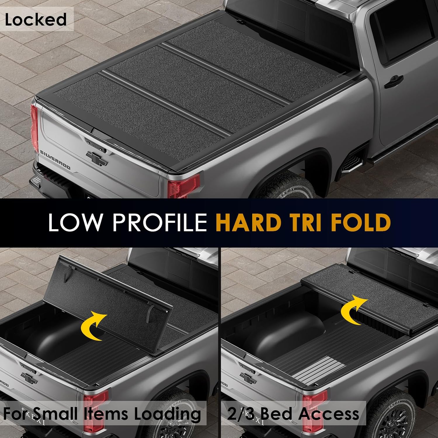 Low Profile Truck Bed Tonneau Cover for Chevy Silverado/GMC Sierra 1500 5.8ft Bed 2019-2026, Hard Tri Fold Heavy-Duty Locking Drill-Free Install Waterproof Fiberglass Anti-Theft Security (69.3")