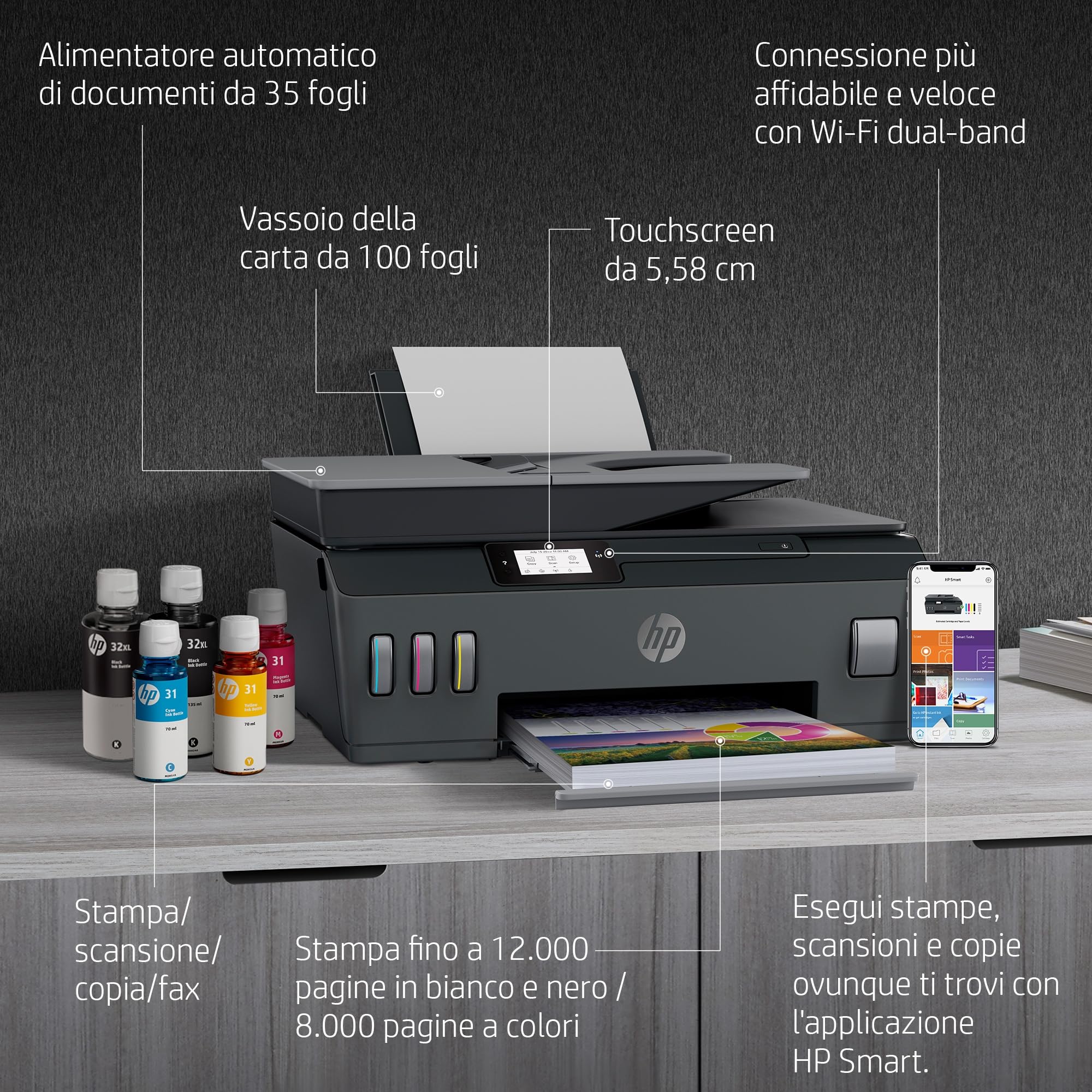 HP Smart Tank Plus 655 AiO Y0F74A, Stampante Multifunzione a Colori, Serbatoio d'Inchiostro ad Alto Volume di Stampa, Fino a 12000 Pagine (Nero) e 8000 Pagine (Colore), Scansione, ADF, Wireless, Nera