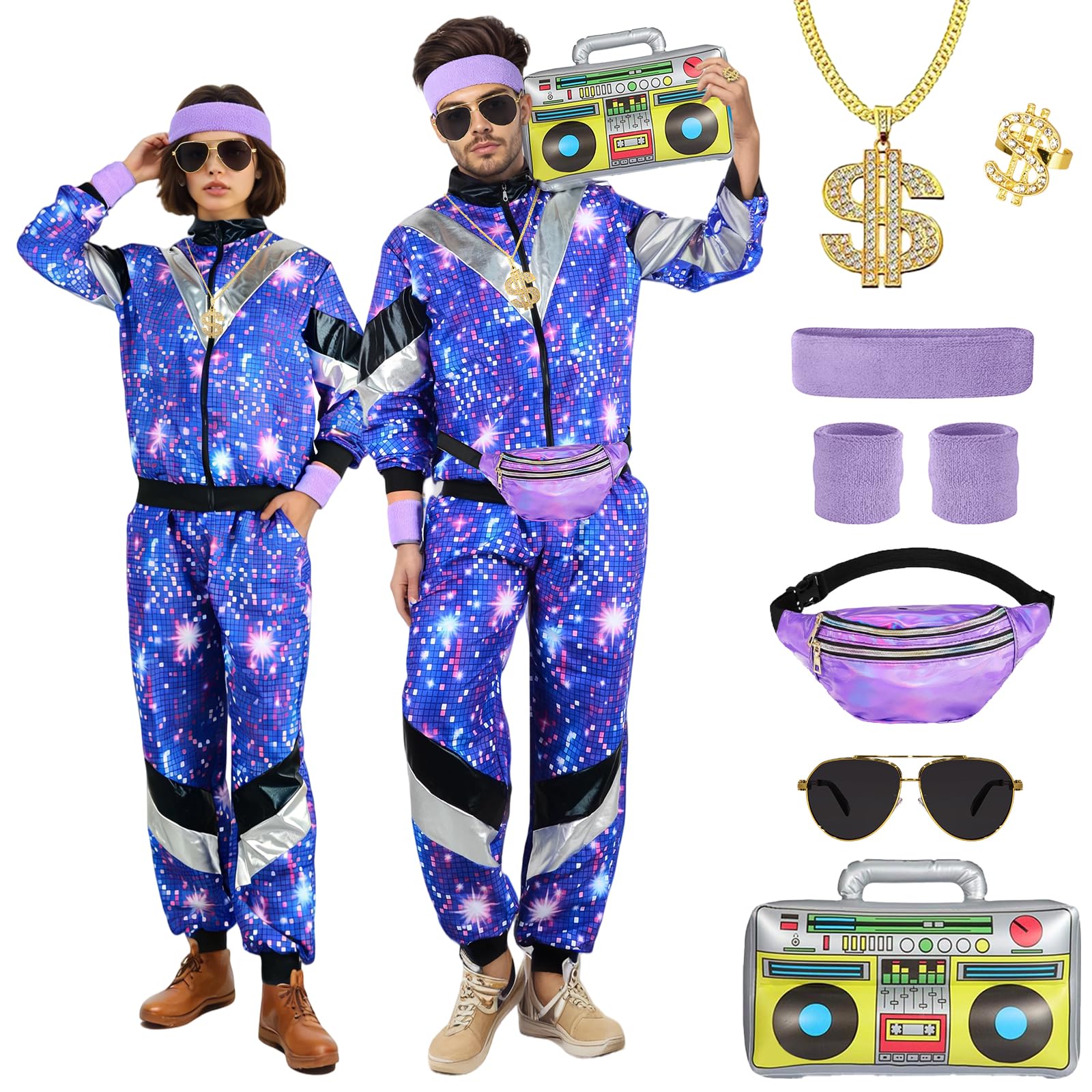 Disfraces Años 80 Hombre Mujer, Disfraz Chándal años 80 con Chaqueta Pantalón Riñonera Gafas Piloto Diadema Muñequeras y Radio, Disfraz Años 90 80 Chándal Retro para Rockstar Carnaval Fiesta
