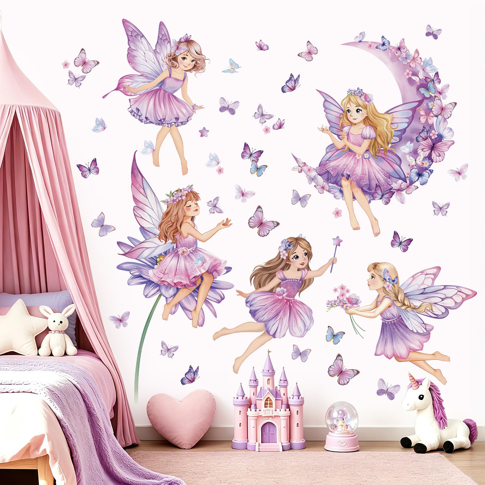 wondever Purple Fairy Girls Wall Stickers Moon Butterfly Flower Fairy Peel and Stick Wall Art Decals for Baby Nursery Kids Room Girls Bedroom