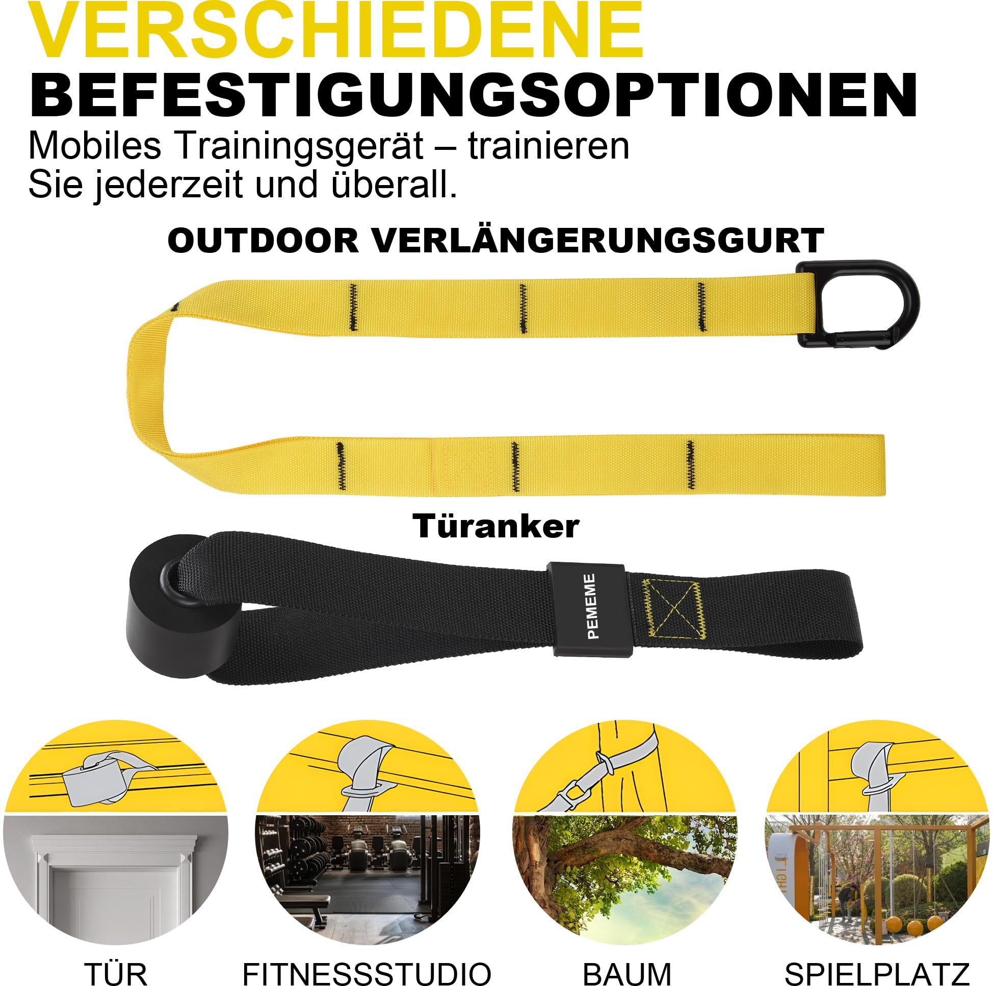 Schlingentrainer für Zuhause, Sling Trainer Set für Ganzkörpertraining mit Türanker, Verstellbaren Trainingsgurten, Griffen und Tragetasche – Home Gym Fitnessgerät