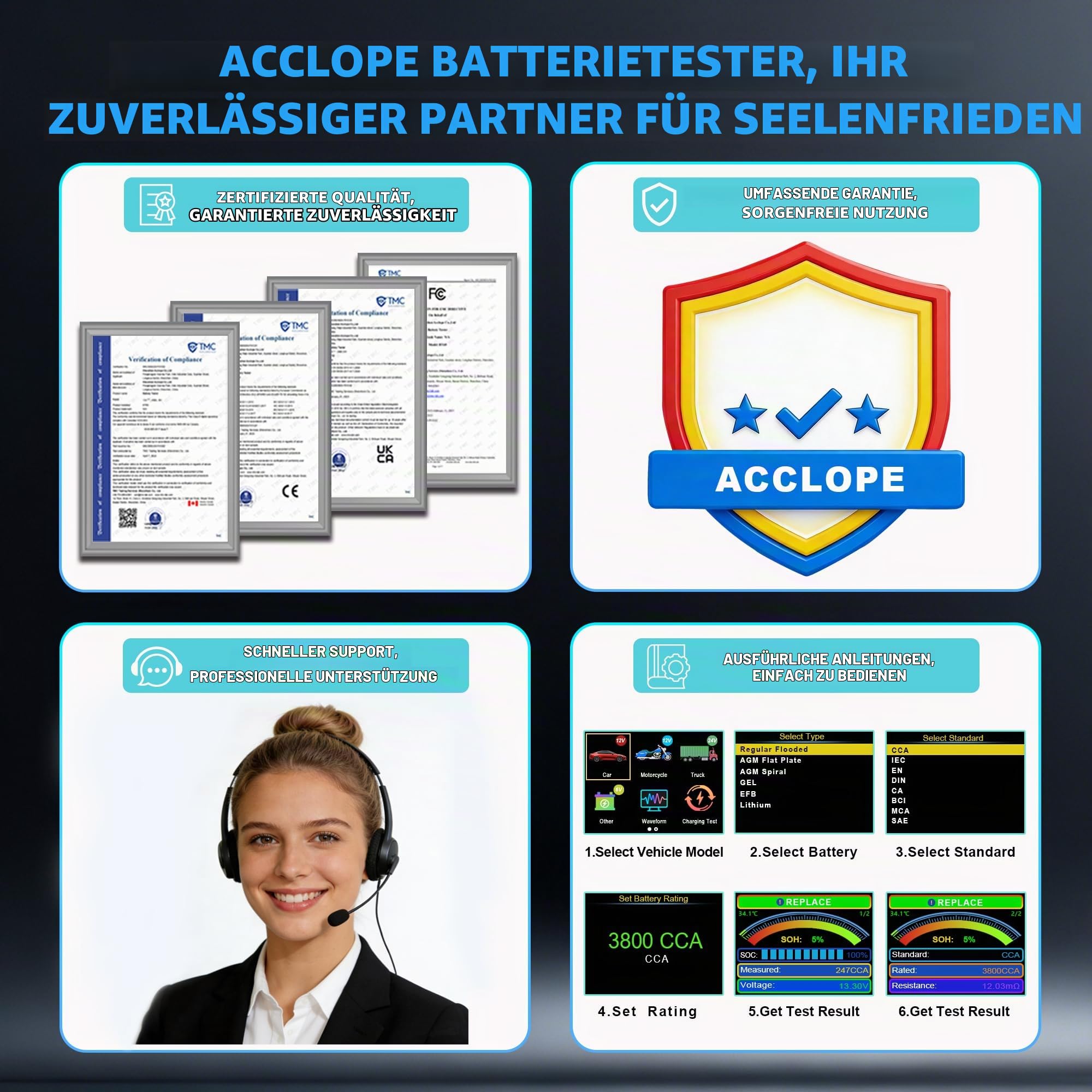 BT90 PRO Batterietester, 6V/12V/24V, 2-360Ah Kapazität, 30-3800 CCA, für AGM/EFB/GEL/LiFePO4 Batterien, mit Cloud-Print, Start-Stop-System, Lade- und Startsystemtest,SOH/SOC, SAE/EN/IEC/CA/MCA