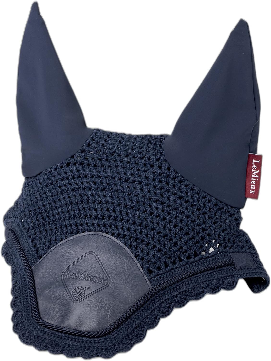 LeMieux Elite Ear Bonnet with Soft Lycra Ears - Close Knit Crochet - Comfortable Fit Equestrian Mask - Sport Horse Wear Fly Protection - Navy - Medium