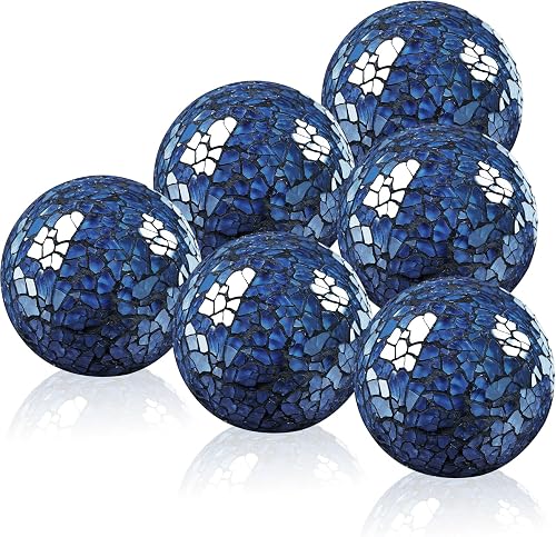 2.5 Inch Glass Balls Decorative for Bowl Blue 6 PCS Mosaic Crack Orbs Set Solid Round Sphere Globe Vases Filler Coffee Table Holiday Ornaments Mantle Decor Modern