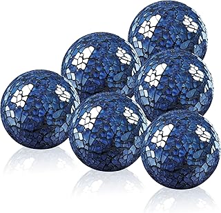 2.5 Inch Glass Balls Decorative for Bowl Blue 6 PCS Mosaic Crack Orbs Set Solid Round Sphere Globe Vases Filler Coffee Table Holiday Ornaments Mantle Decor Modern