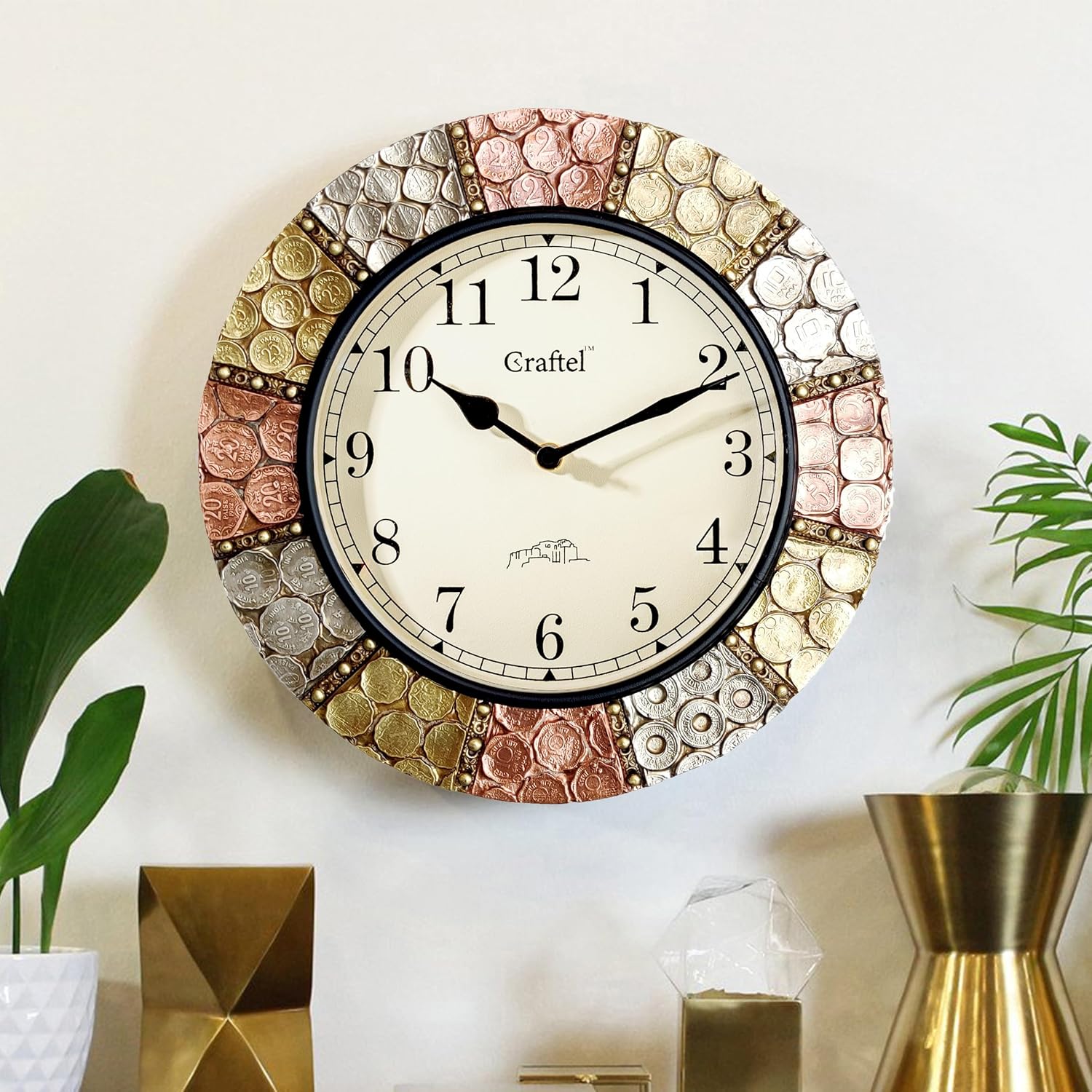 Wooden Wall Clock for Home Décor | Analog Round Wall Clock with Glass | Antique Coin Studded Brass Finish Diwar Ghadi | Decorative Hanging Clocks for Living Room Office and Bedroom, 30 x 30 cm