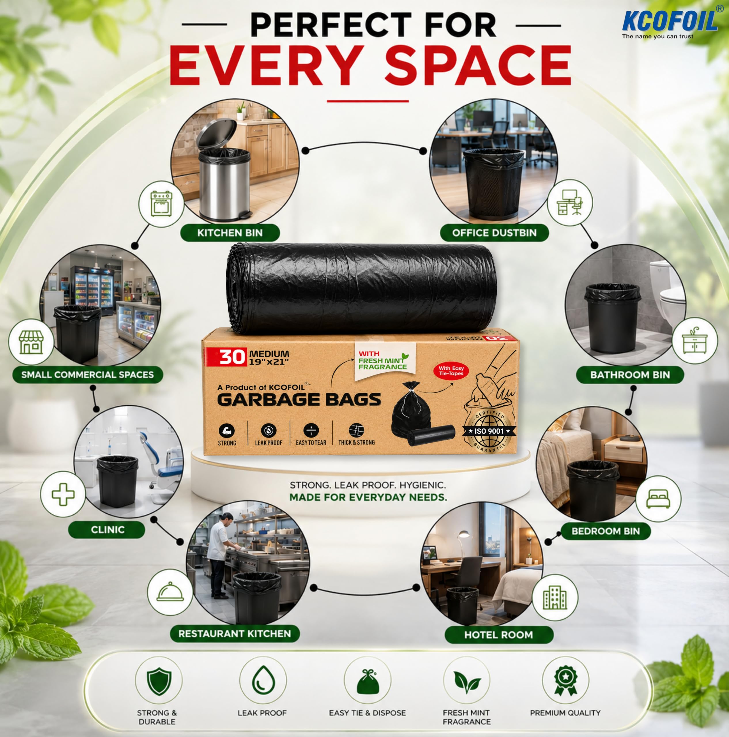 Black Garbage Bags for Dustbin | Medium | 90 Bags | 30 Bags X 3 Rolls | 19 X 21 Inches | Mint Fragrance | Tie-Tape | Strong & Leak Proof Trash Bags (Pack of 3) — Amazon image 4