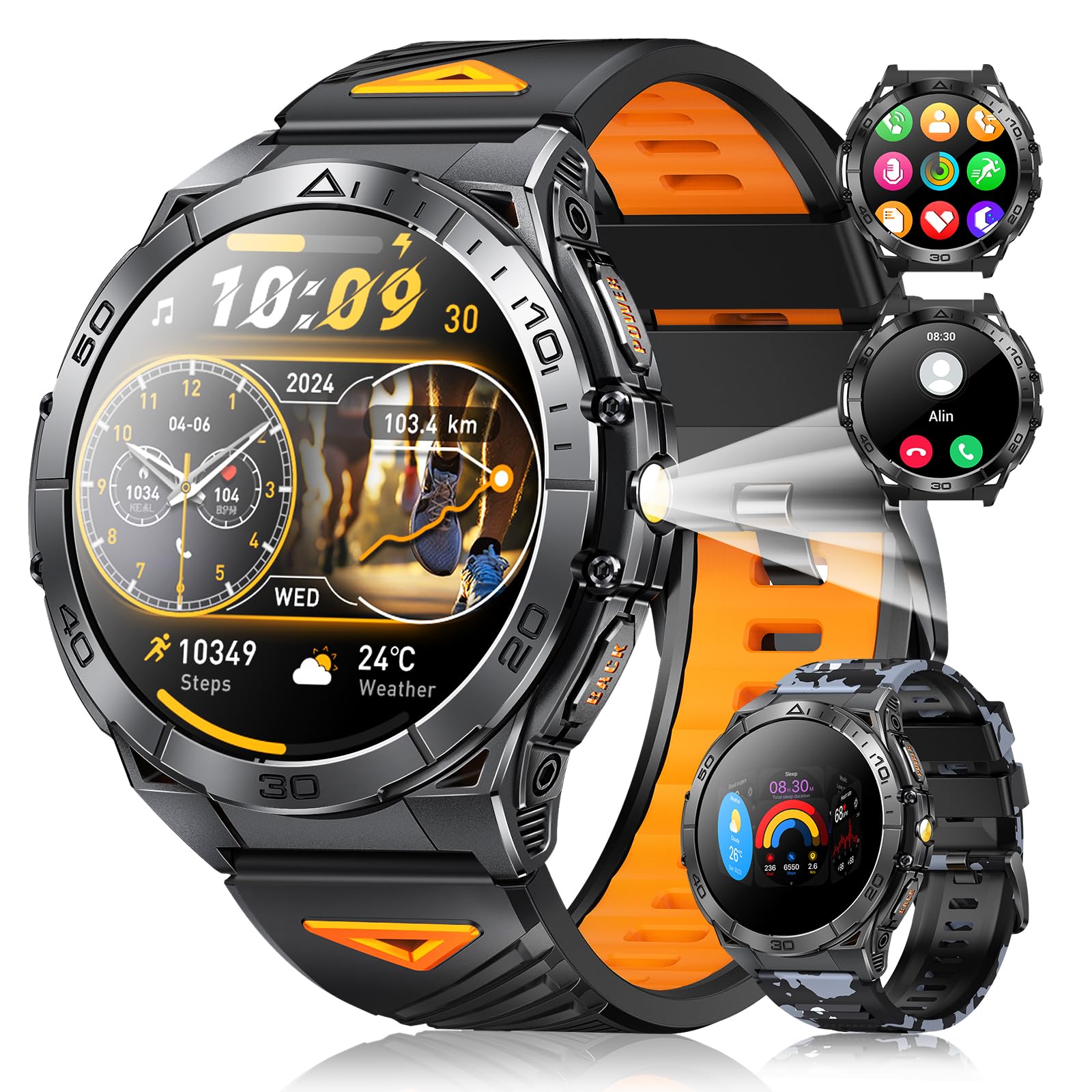 LEMFO Smartwatch Herren Mit 560 mAh, 2 Armbänders/1.43'' Amoled Display/150+ Sportmodi/5ATM,Kompass/Barometerdruck/Höhenmesser Fitnessuhr Herren, 24/7 Herzfrequenz,SpO2 (Schwarz) (Blau)