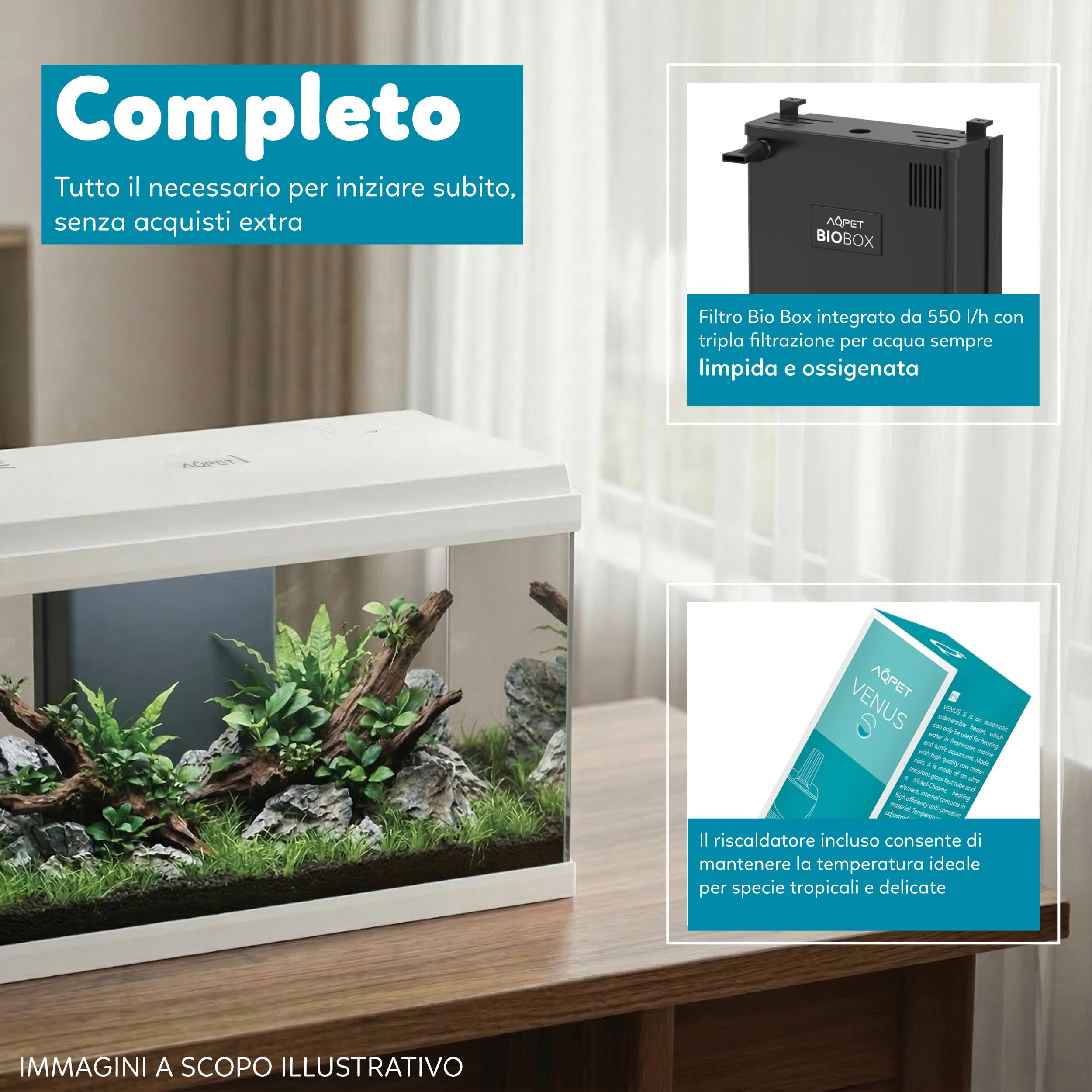 AQPET Acquario in Vetro per Pesci Tropicali Completo di Accessori Filtro Luce Simply, 60 59x30x39 cm 60 Litri, Bianco