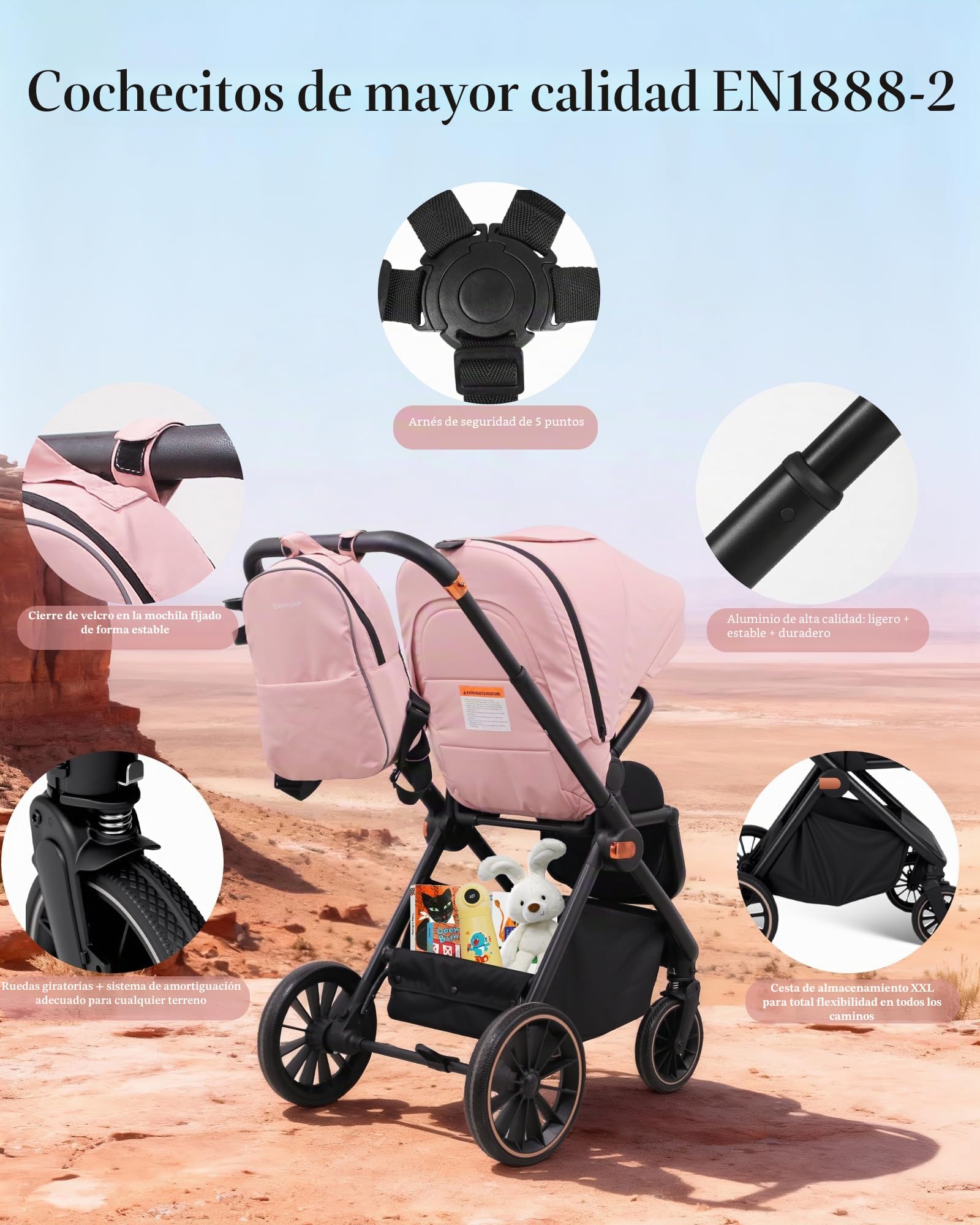 Carrito bebe 3 en 1, carro bebe con dos modos deslizantes reversibles, silla de paseo con marco de aleación de aluminio, juego completo 3 en 1 diseño plegable con un solo toque-Rosa