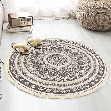 Amazon Com Leevan Round Area Rug 4ft Tufting Hand Woven Cream Chic Bohemian Grey Mandala Print Tassels Door Mat Indoor Floor Area Mat Compatible Bedroom Living Room Children Playroom Home Kitchen