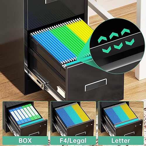 Miniatura 5 de INTERGREAT Archivador alto de 3 cajones, archivador de metal negro con cerradura, archivadores de bloqueo con 4 marcos ajustables para colgar para