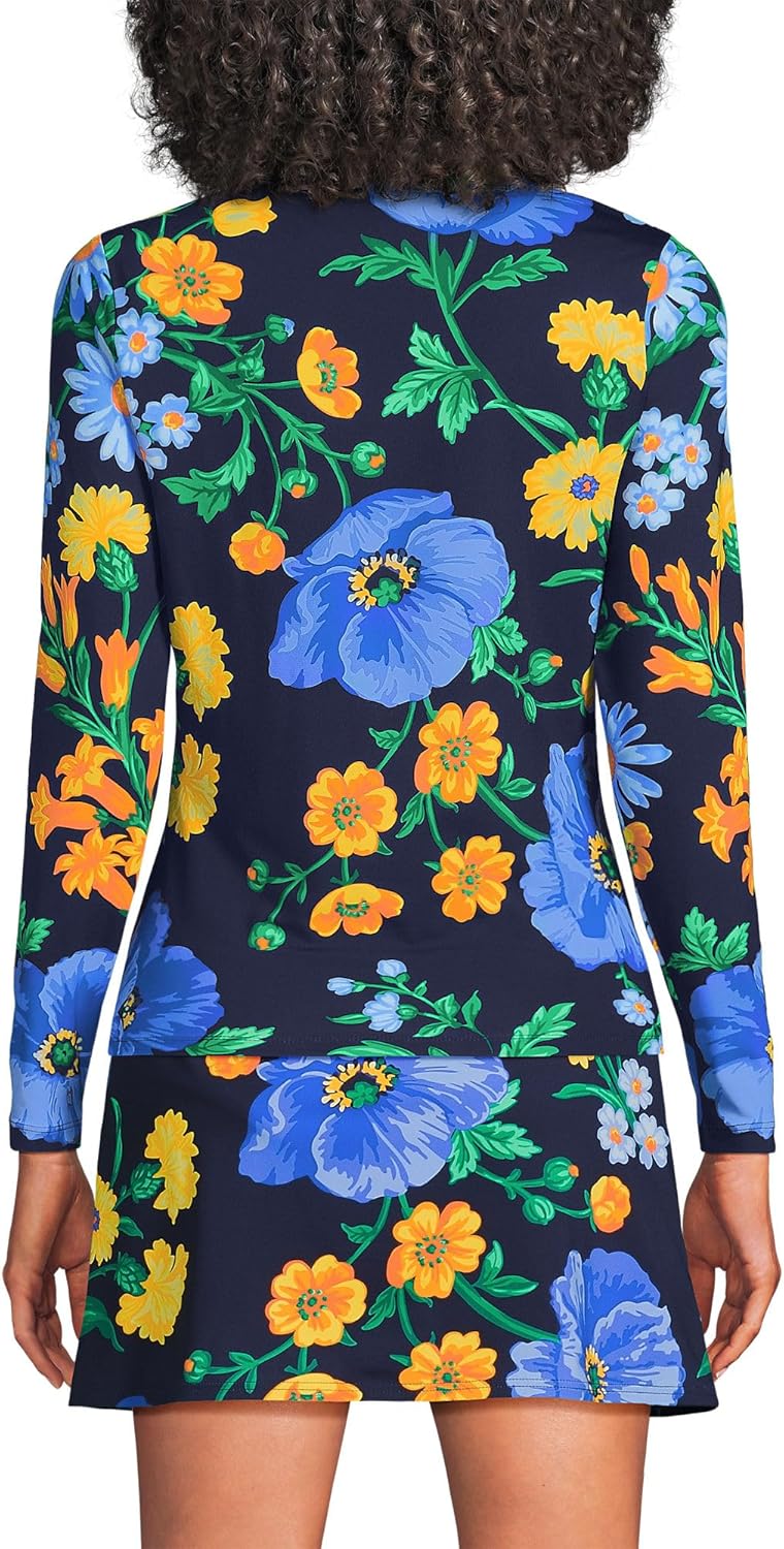 Lands' End Women's Sunshade UPF 50 Long Sleeve Rash Guard Swim Tee Navy/Exploded Poppy Floral Long Torso X-Large