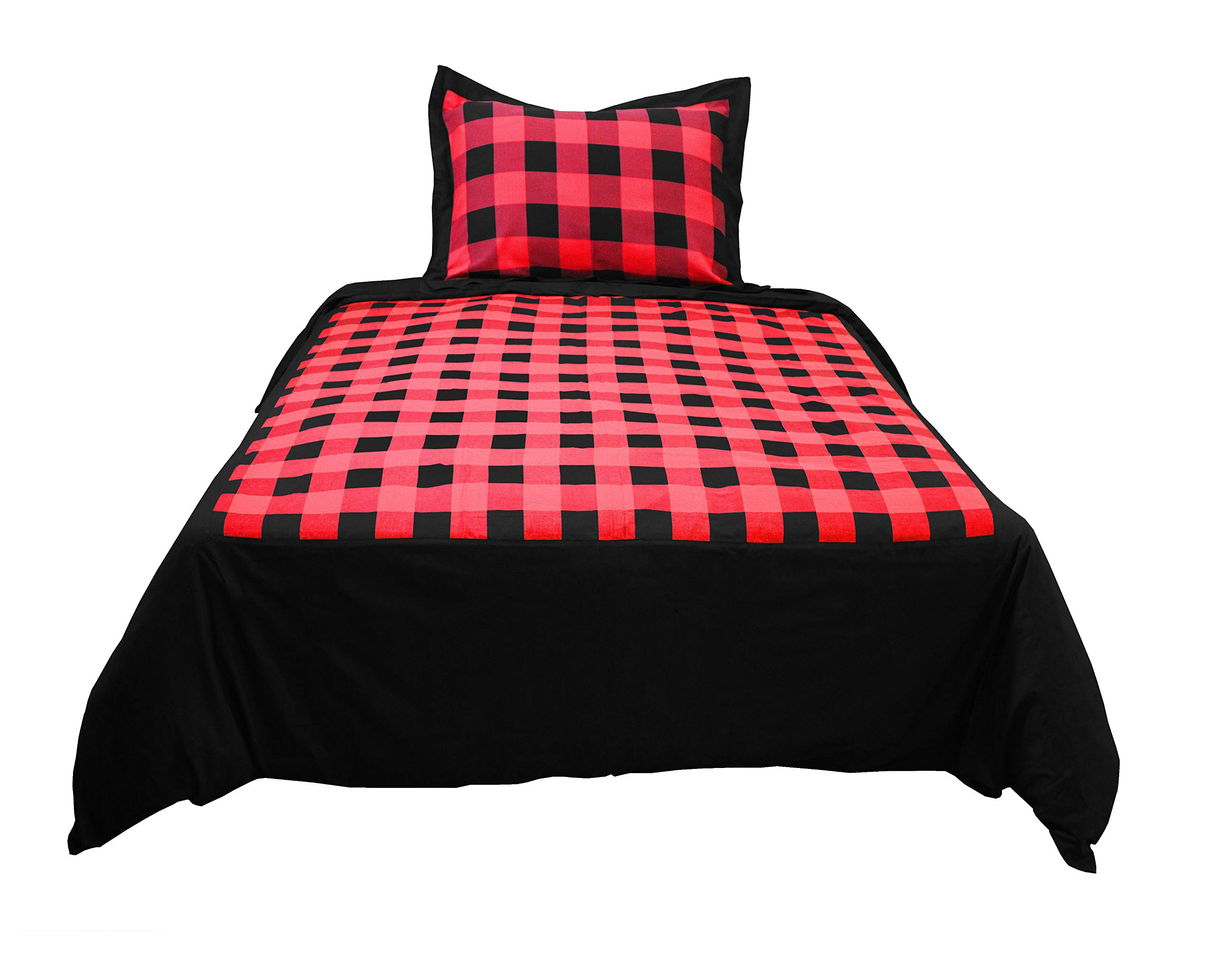 Milano Home Buffalo Checks 100% Natural Cotton 2 pc Checkered Duvet Cover Set, Modern Style Bedding Soft Feel Hidden Buttons - Single (Black & Red)