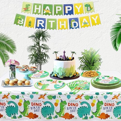 Miniatura 4 de Juego de 160 suministros para fiesta de cumpleaños de dinosaurio, juego de vajilla temática de dinosaurio, platos de feliz cumpleaños, platos de