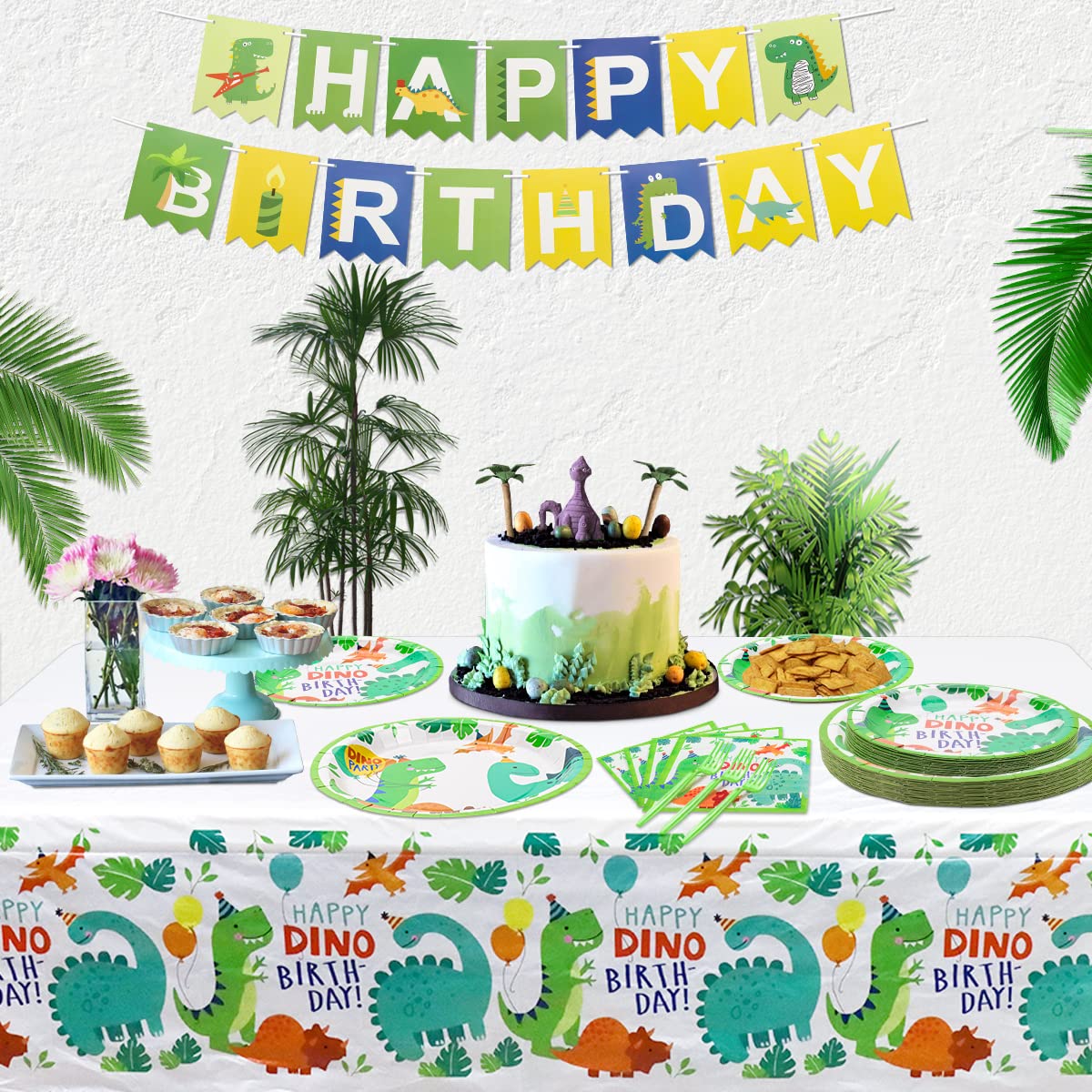 79 Pc. Pastel Dino Party Disposable Tableware Kit For 8 Guests