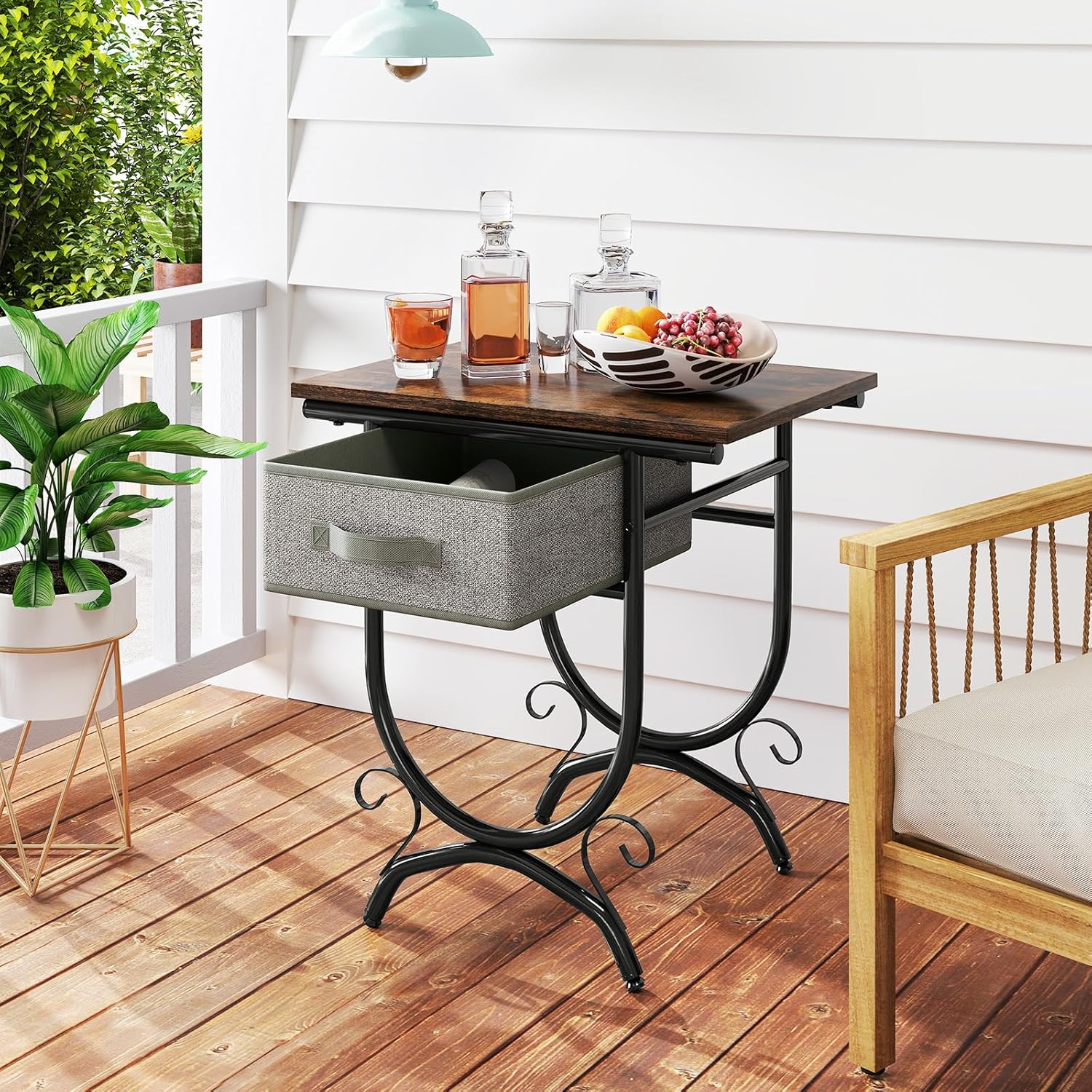 Tangkula Nightstand with Fabric Drawer, Industrial 2-Tier Bedside Table with Storage, Metal Frame & Decorative Scrollwork, Retro Accent Side Table for Bedroom Living Room Small Space (1, Rustic Brown)