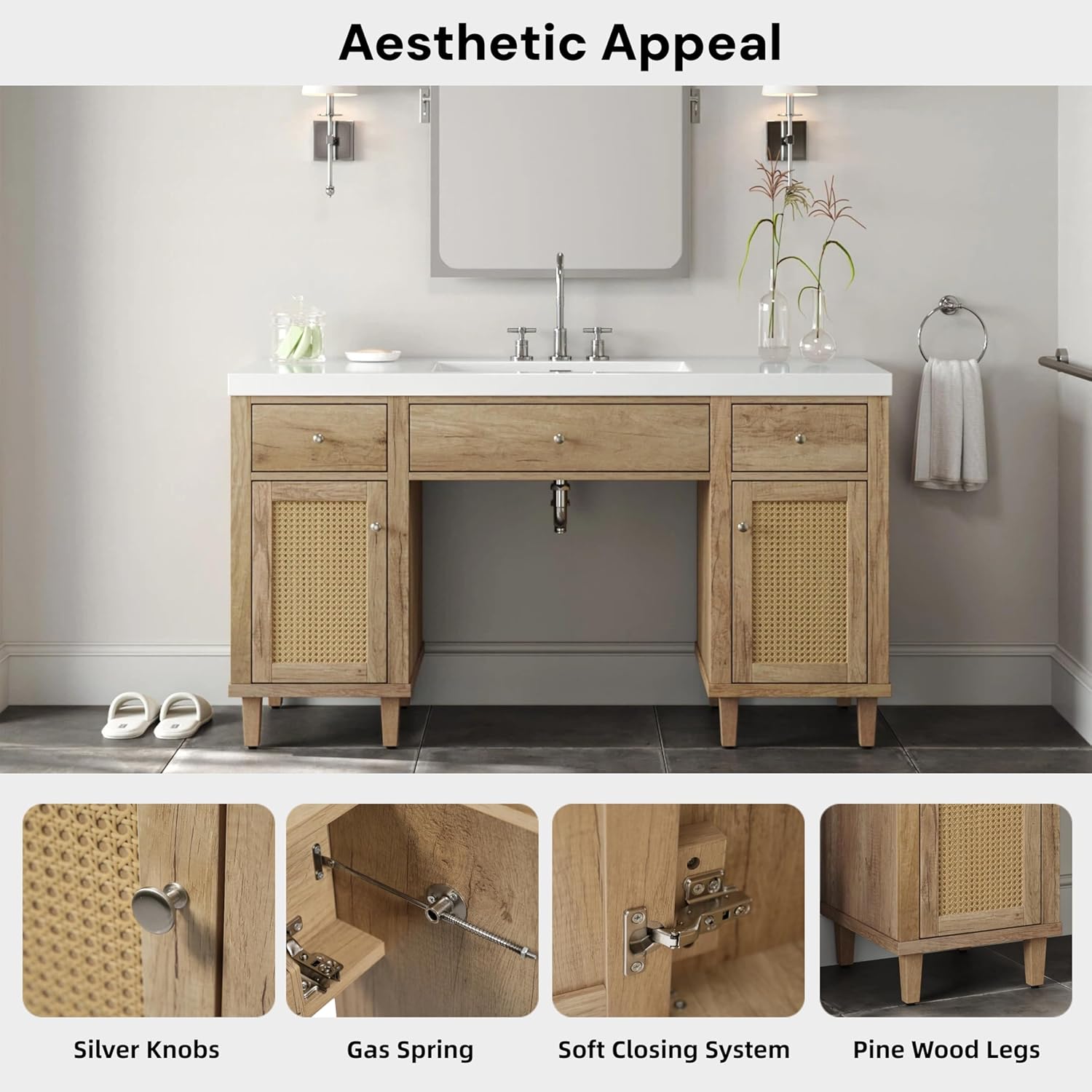 60 Inch Bathroom Vanity with Single Sink & Integrated Countertop,Large Bathroom Vanity with Rattan Doors,2 Drawers & Storage Cabinets,Gas Spring Tip-Out Tray,Soft Closing System,Solid Wood Legs